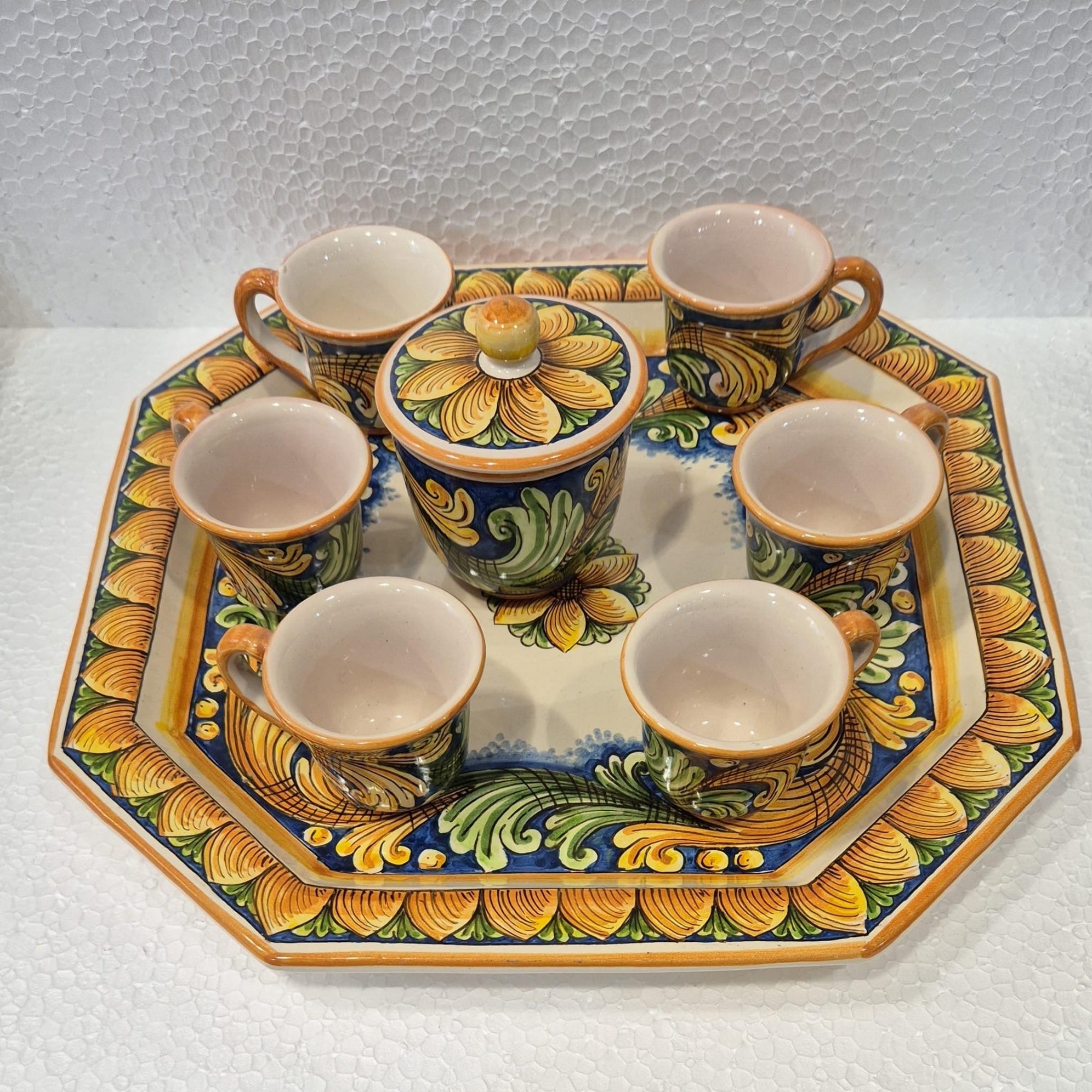 Set 6 tazzine da caffè con Vassoio e Zuccheriera Ceramica Caltagirone decorata a mano V.2 - MADE IN SICILY