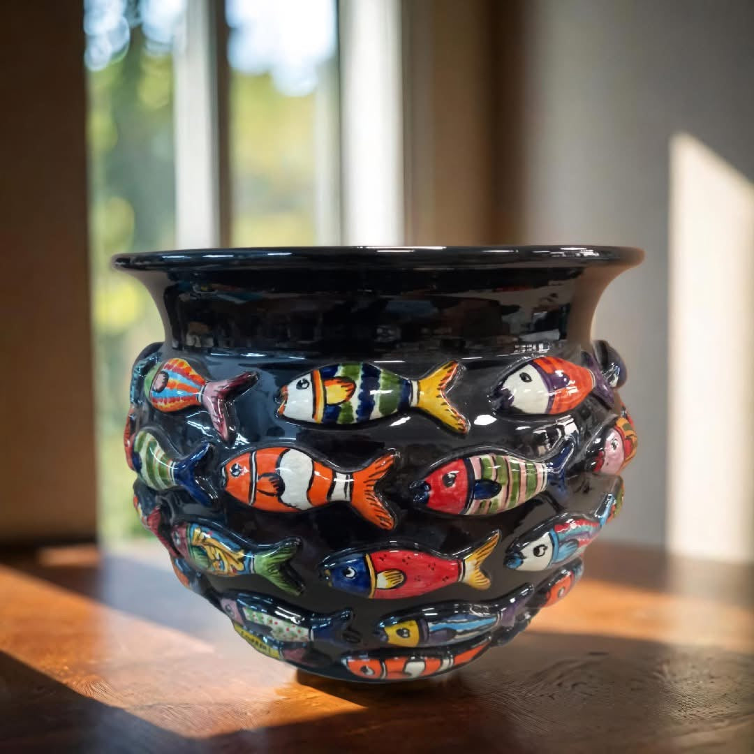 Portavaso Nero con Pesci in rilievo cm D.30 L.25 Ceramica Caltagirone Decorato a Mano - MADE IN SICILY
