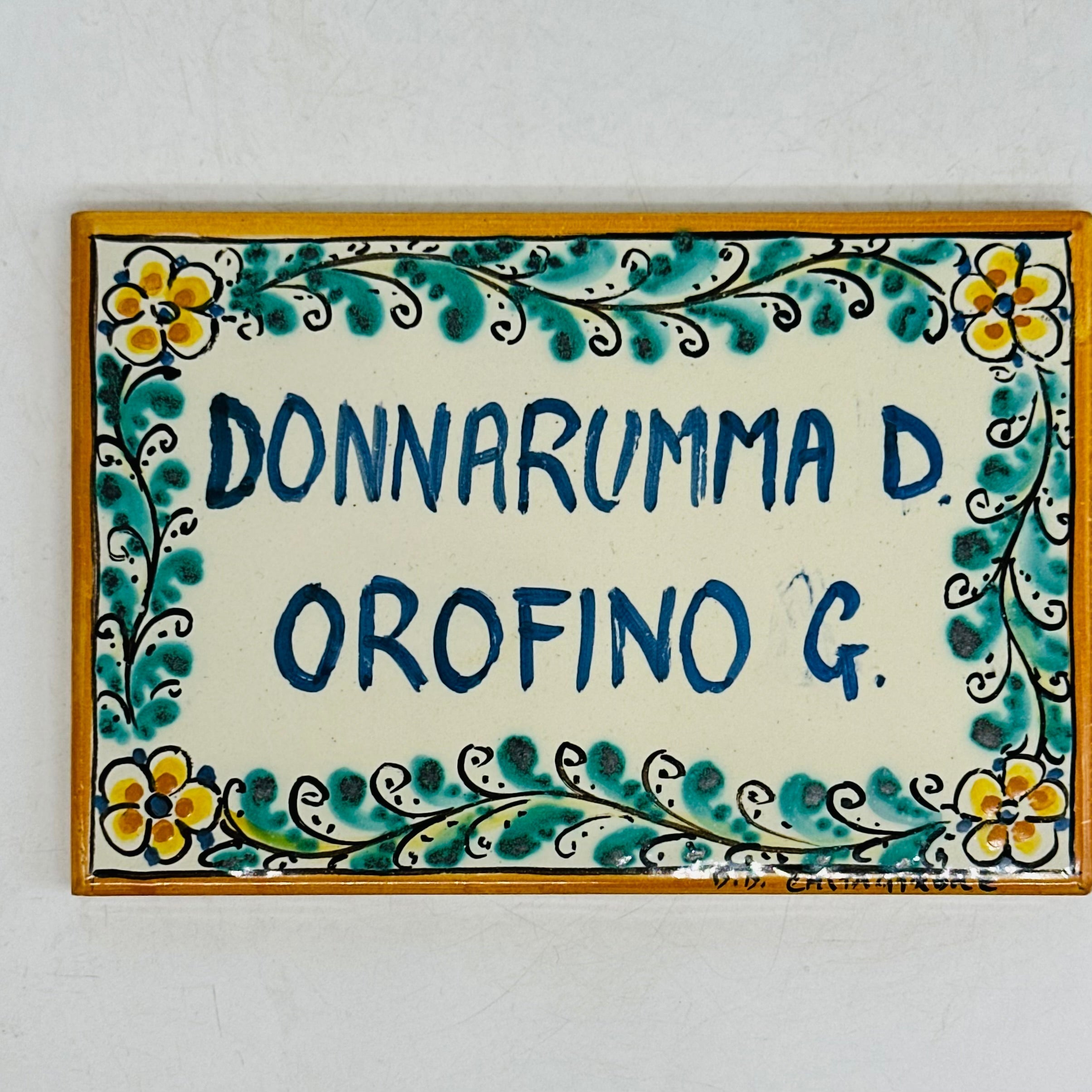 Targa Famiglia Mattonella cm 15x10 Ceramica Artigianale Caltagirone - Fiori - MADE IN SICILY