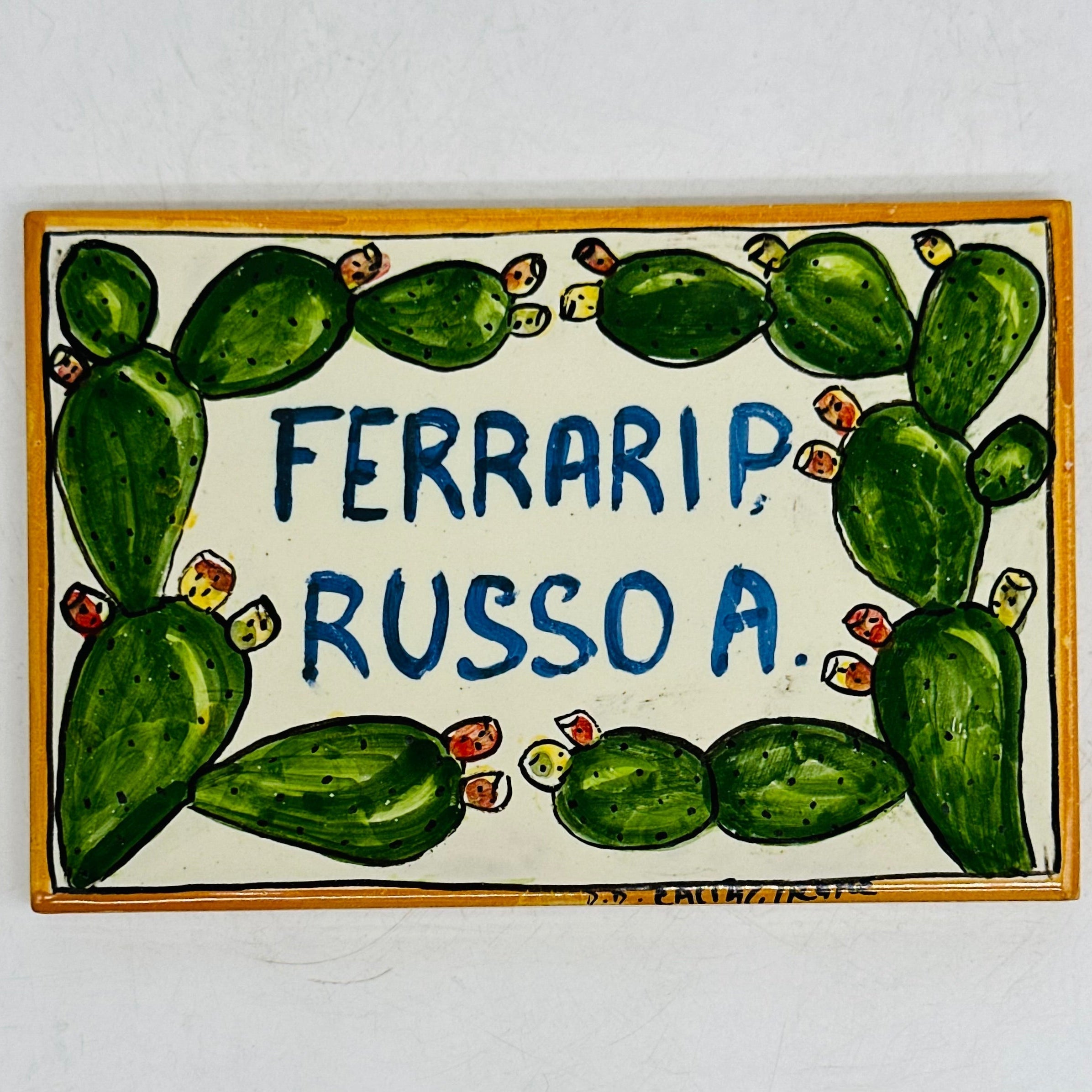 Targa Famiglia Mattonella cm 15x10 Ceramica Artigianale Caltagirone - Fichi d’India - MADE IN SICILY