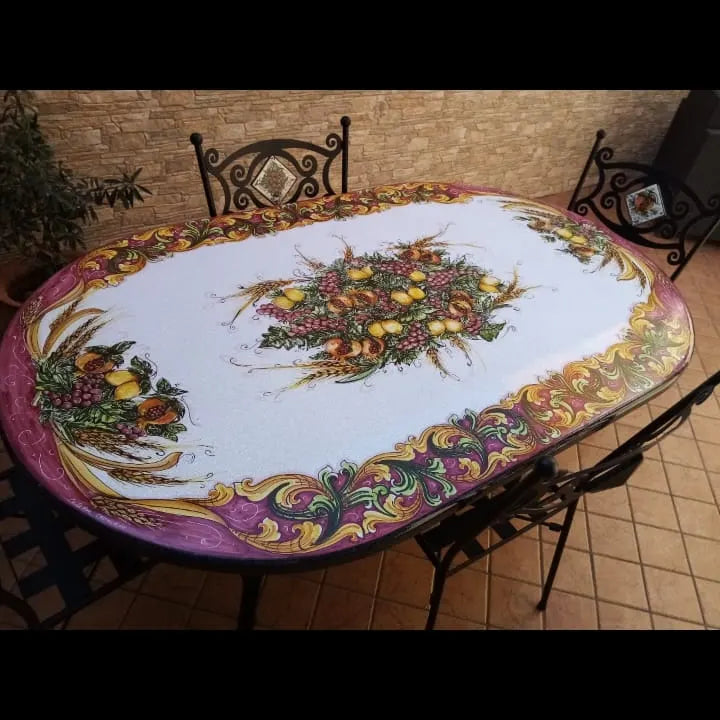 Tavolo Ovale Ornato Bordeaux – Pietra Lavica Decorata - TAVOLI