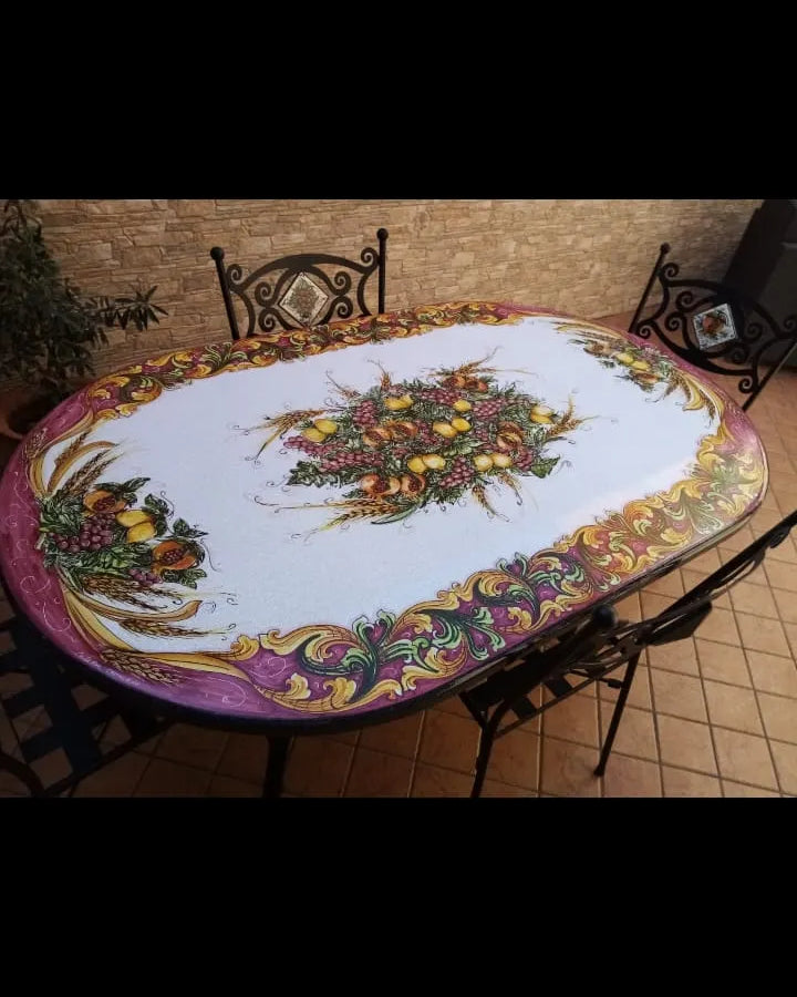 Tavolo Ovale Ornato Bordeaux – Pietra Lavica Decorata - TAVOLI