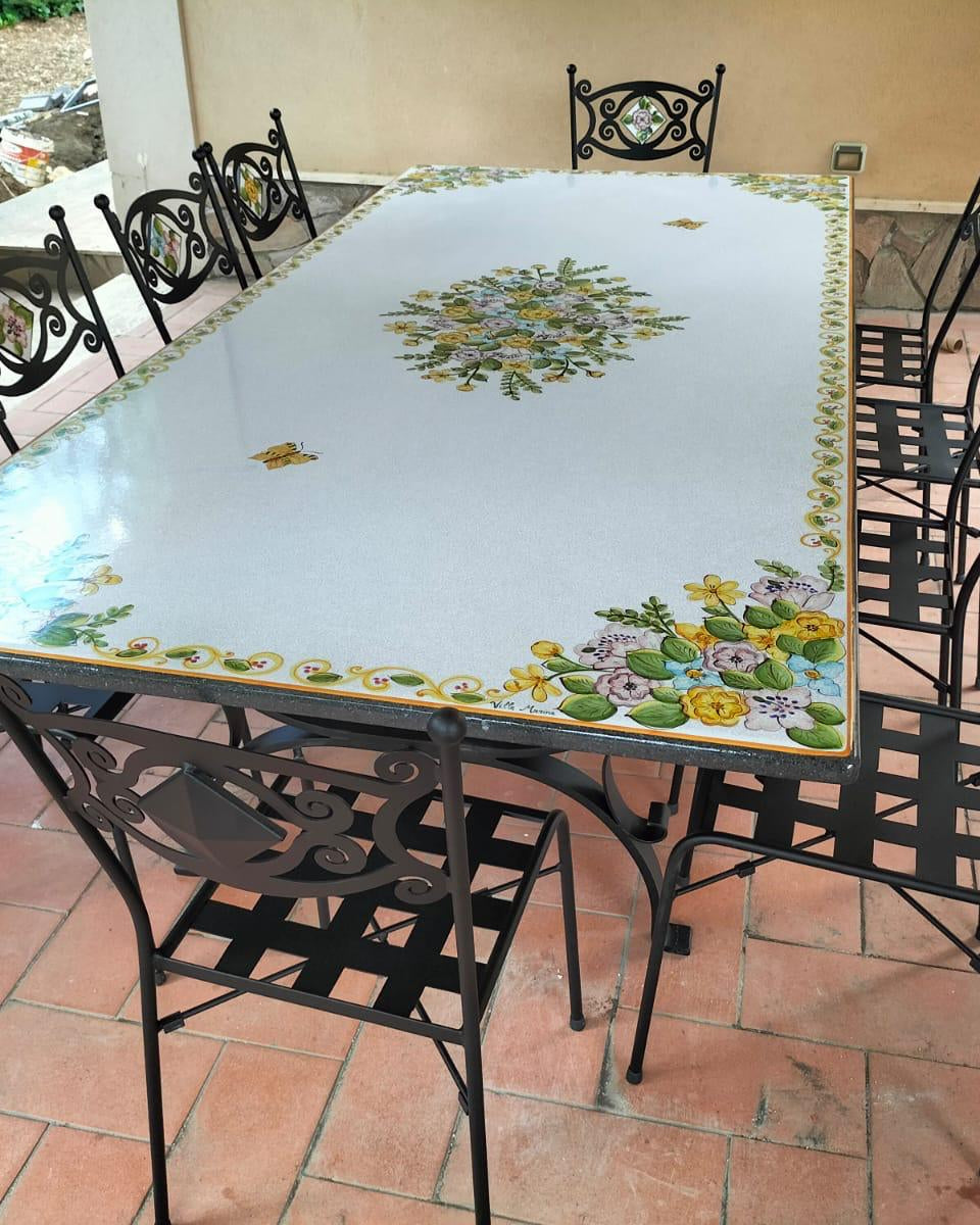 Tavolo Rettangolare Decoro Floreale con 2 farfalle – Pietra Lavica Decorata - TAVOLI