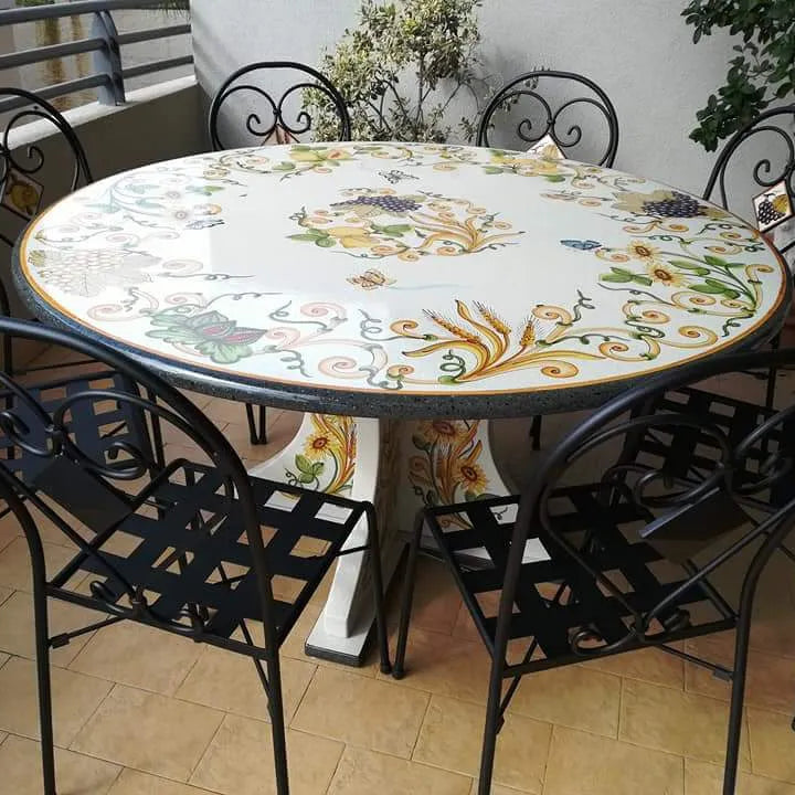 Tavolo Rotondo Estate con Piede in Pietra Lavica – Natura in Fiore - TAVOLI