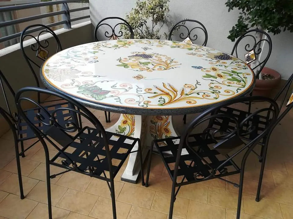 Tavolo Rotondo Estate con Piede in Pietra Lavica – Natura in Fiore - TAVOLI