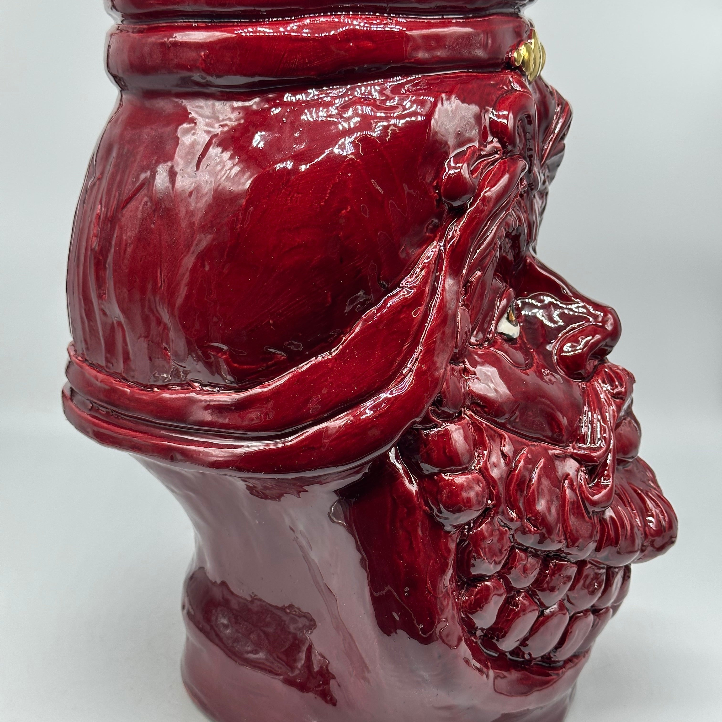 Testa Mitologica Uomo Ceramica Caltagirone cm H.35 L.25 Artigianale Bordeaux dettagli Oro - TESTA DI MORO