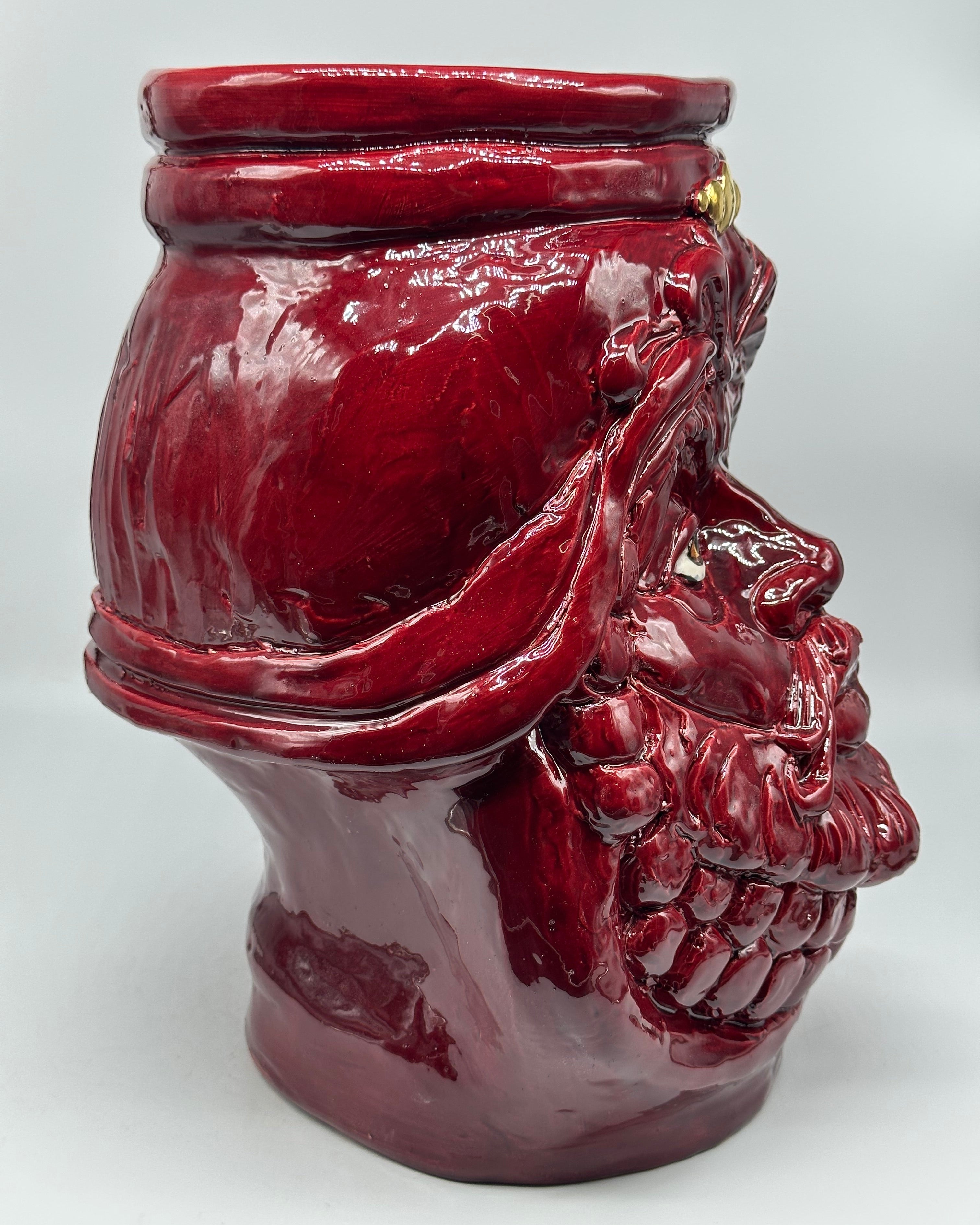 Testa Mitologica Uomo Ceramica Caltagirone cm H.35 L.25 Artigianale Bordeaux dettagli Oro - TESTA DI MORO