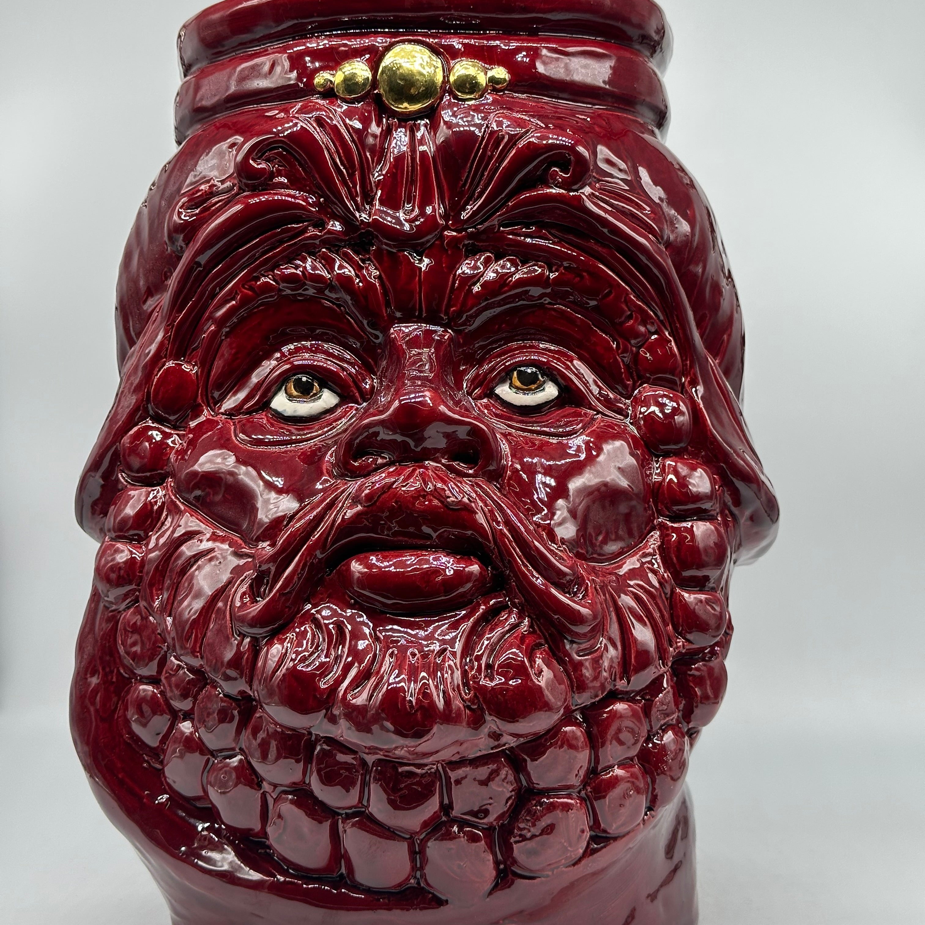 Testa Mitologica Uomo Ceramica Caltagirone cm H.35 L.25 Artigianale Bordeaux dettagli Oro - TESTA DI MORO