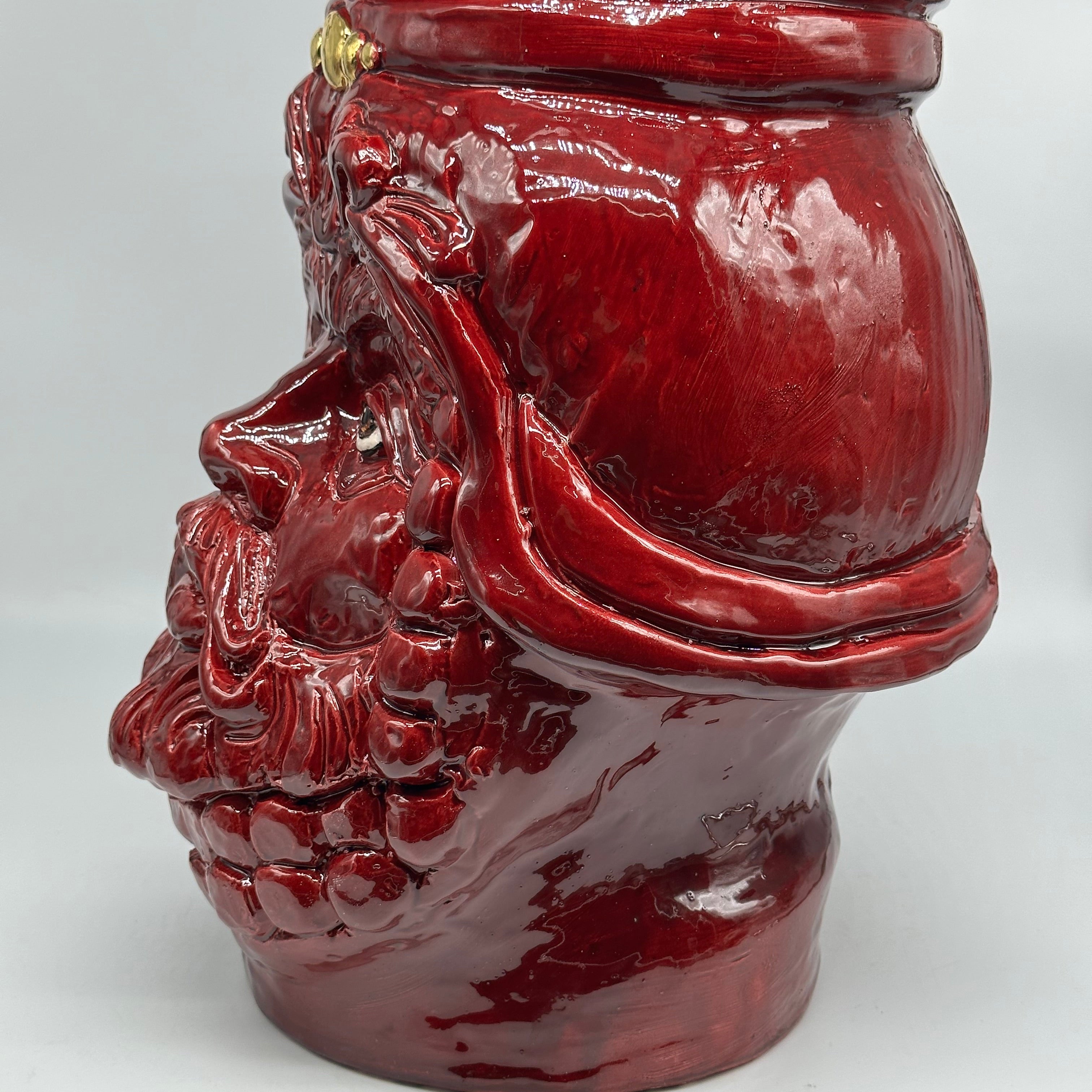 Testa Mitologica Uomo Ceramica Caltagirone cm H.35 L.25 Artigianale Bordeaux dettagli Oro - TESTA DI MORO