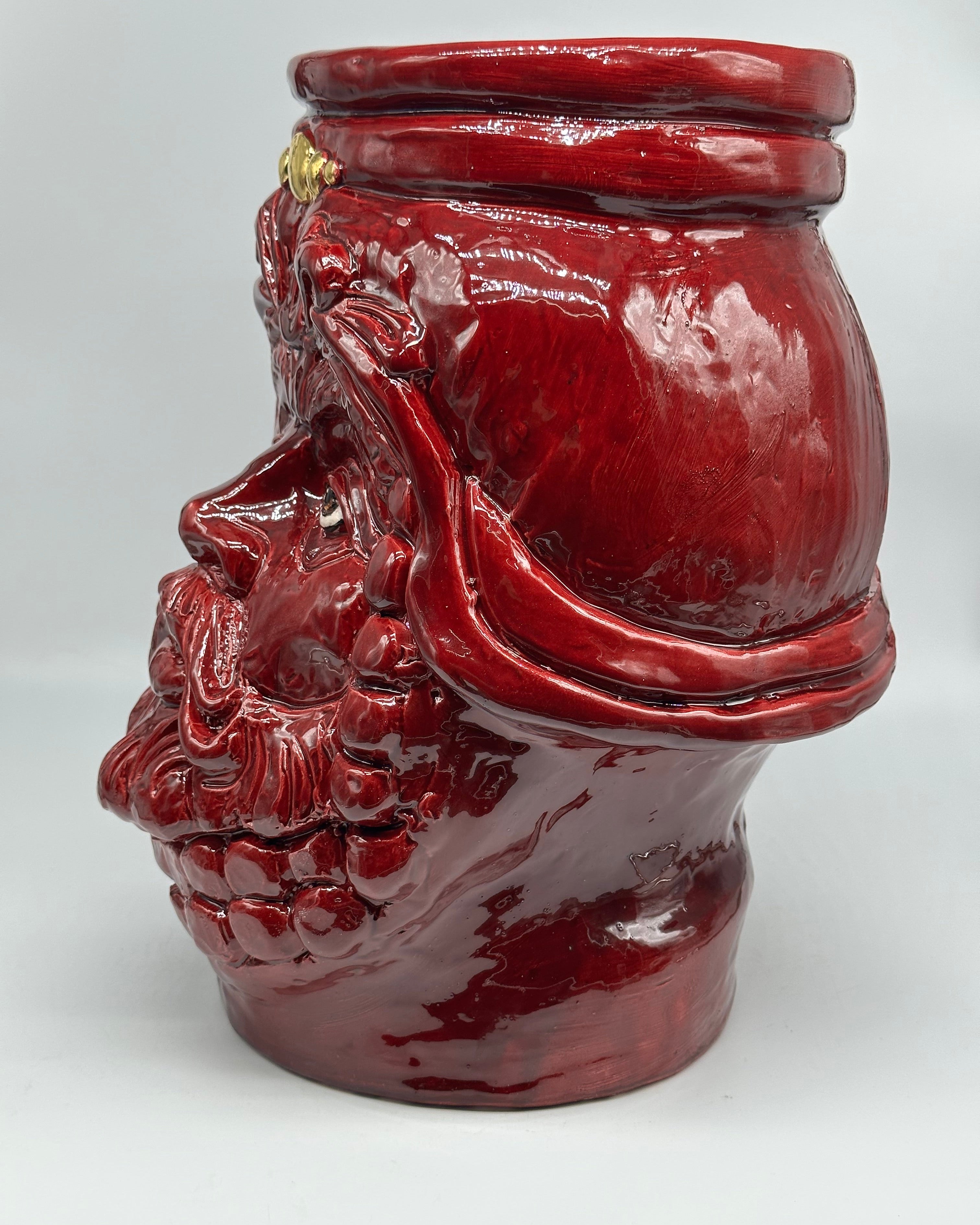 Testa Mitologica Uomo Ceramica Caltagirone cm H.35 L.25 Artigianale Bordeaux dettagli Oro - TESTA DI MORO