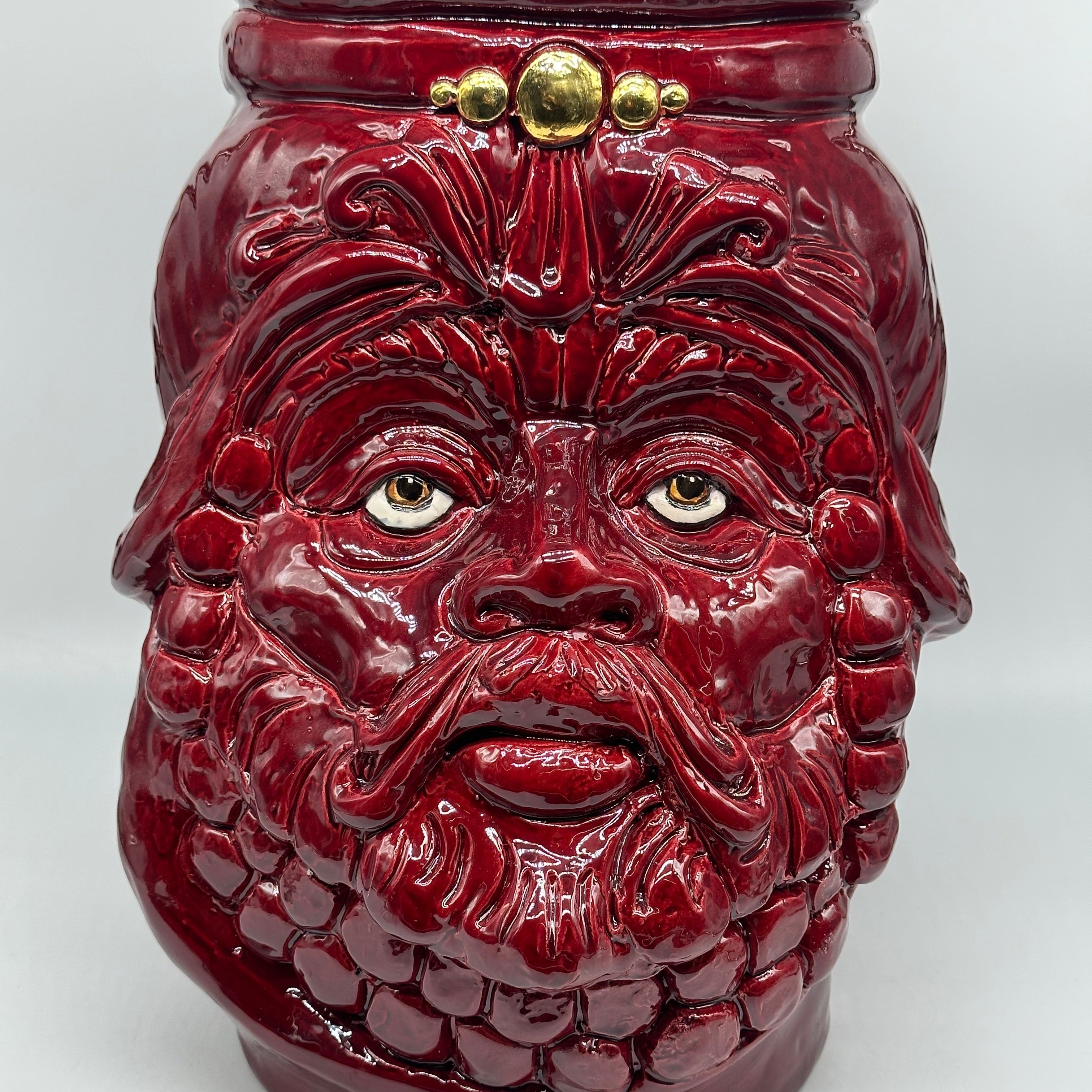 Testa Mitologica Uomo Ceramica Caltagirone cm H.35 L.25 Artigianale Bordeaux dettagli Oro - TESTA DI MORO