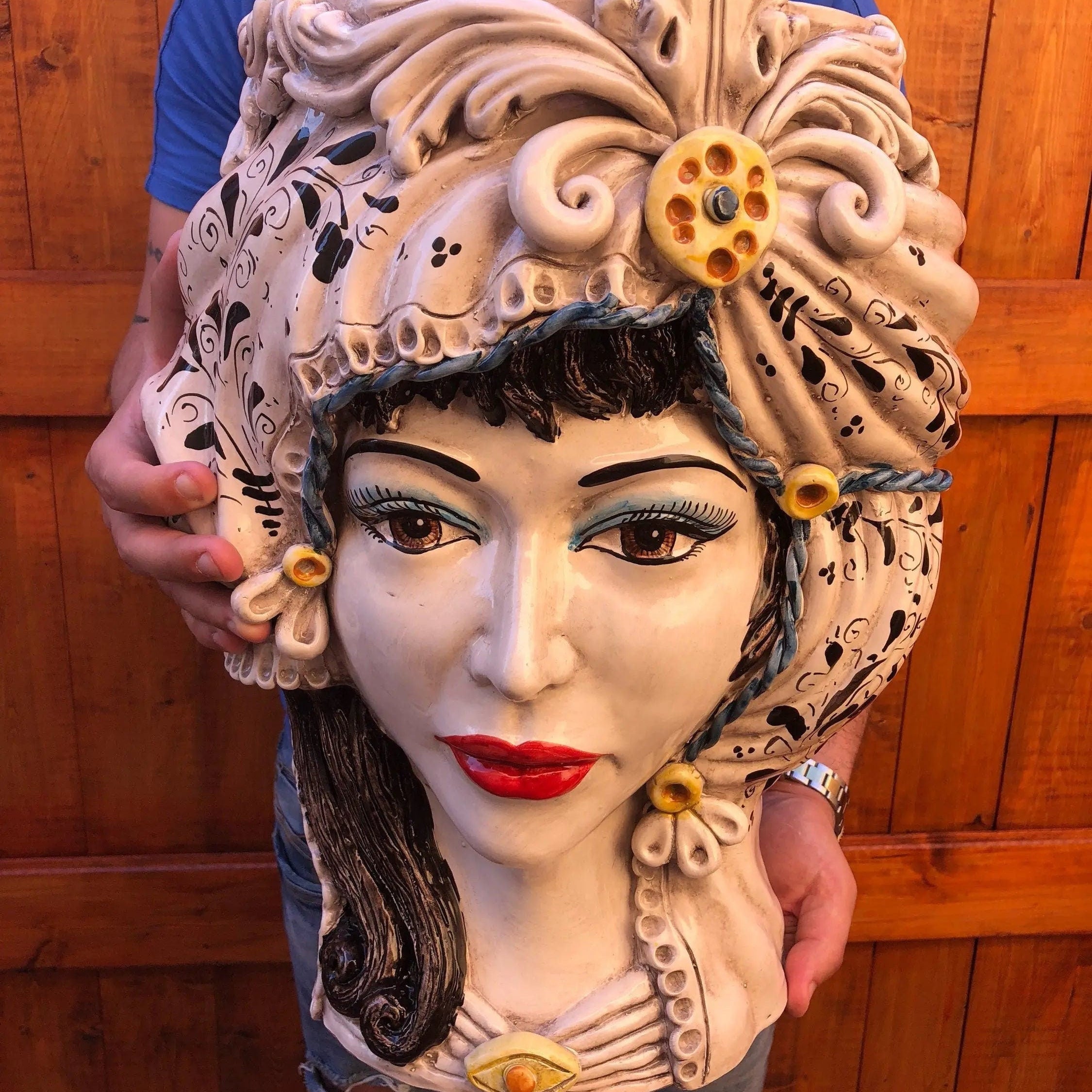 Teste di Moro Classica Gigante Ceramica Caltagirone cm H.47 L.36 Artigianale Decorazione Barocco DD CERAMICHE SICILIANE