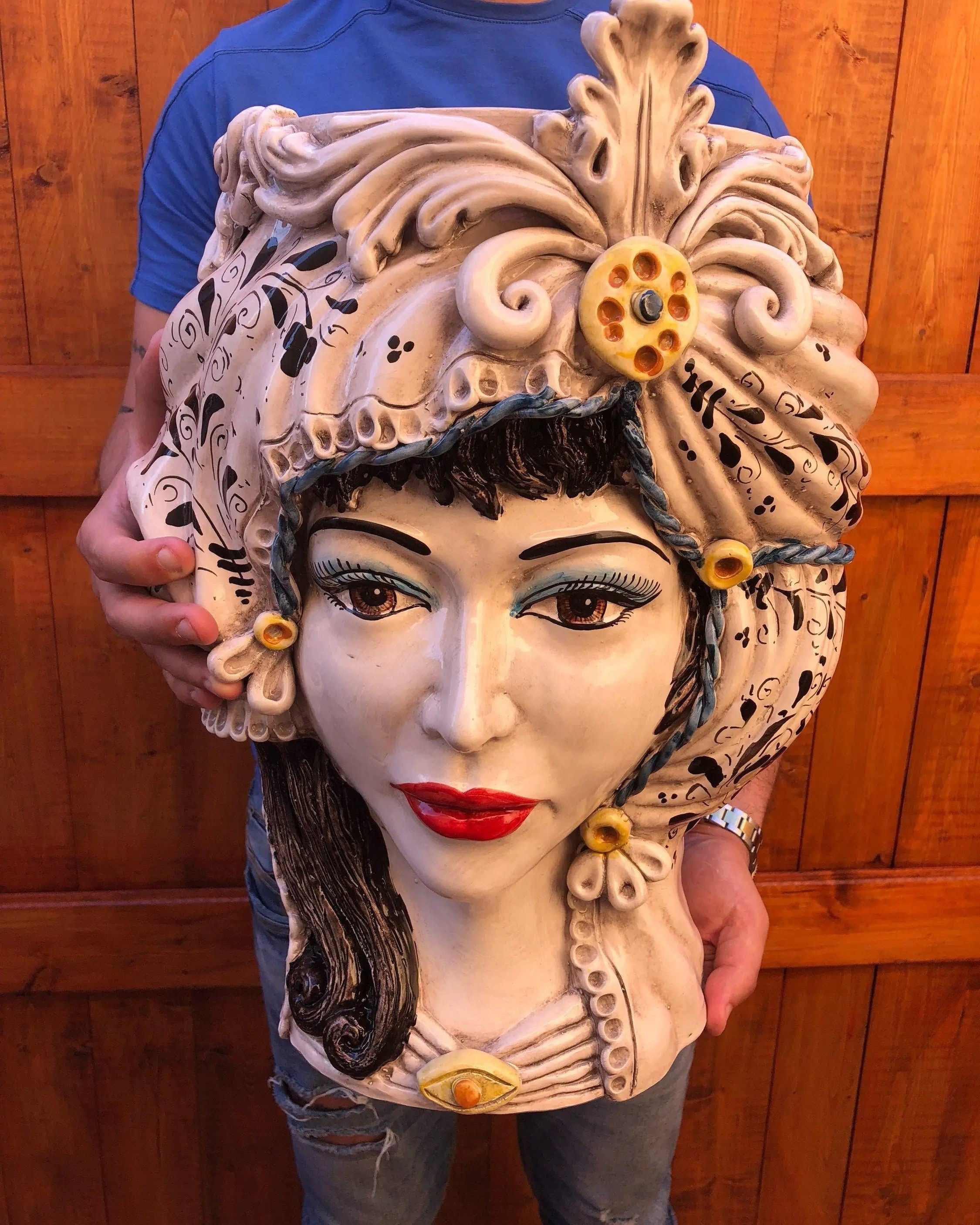 Teste di Moro Classica Gigante Ceramica Caltagirone cm H.47 L.36 Artigianale Decorazione Barocco DD CERAMICHE SICILIANE
