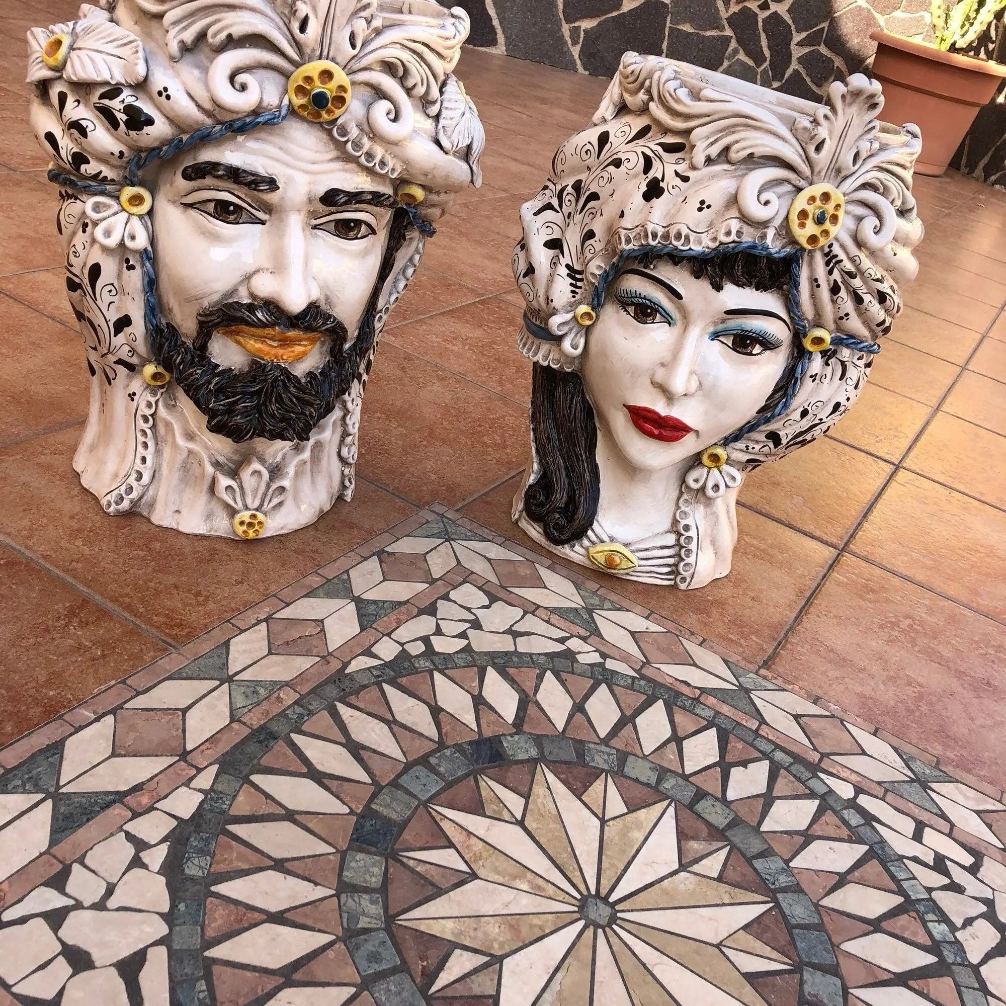 Teste di Moro Classica Gigante Ceramica Caltagirone cm H.47 L.36 Artigianale Decorazione Barocco DD CERAMICHE SICILIANE