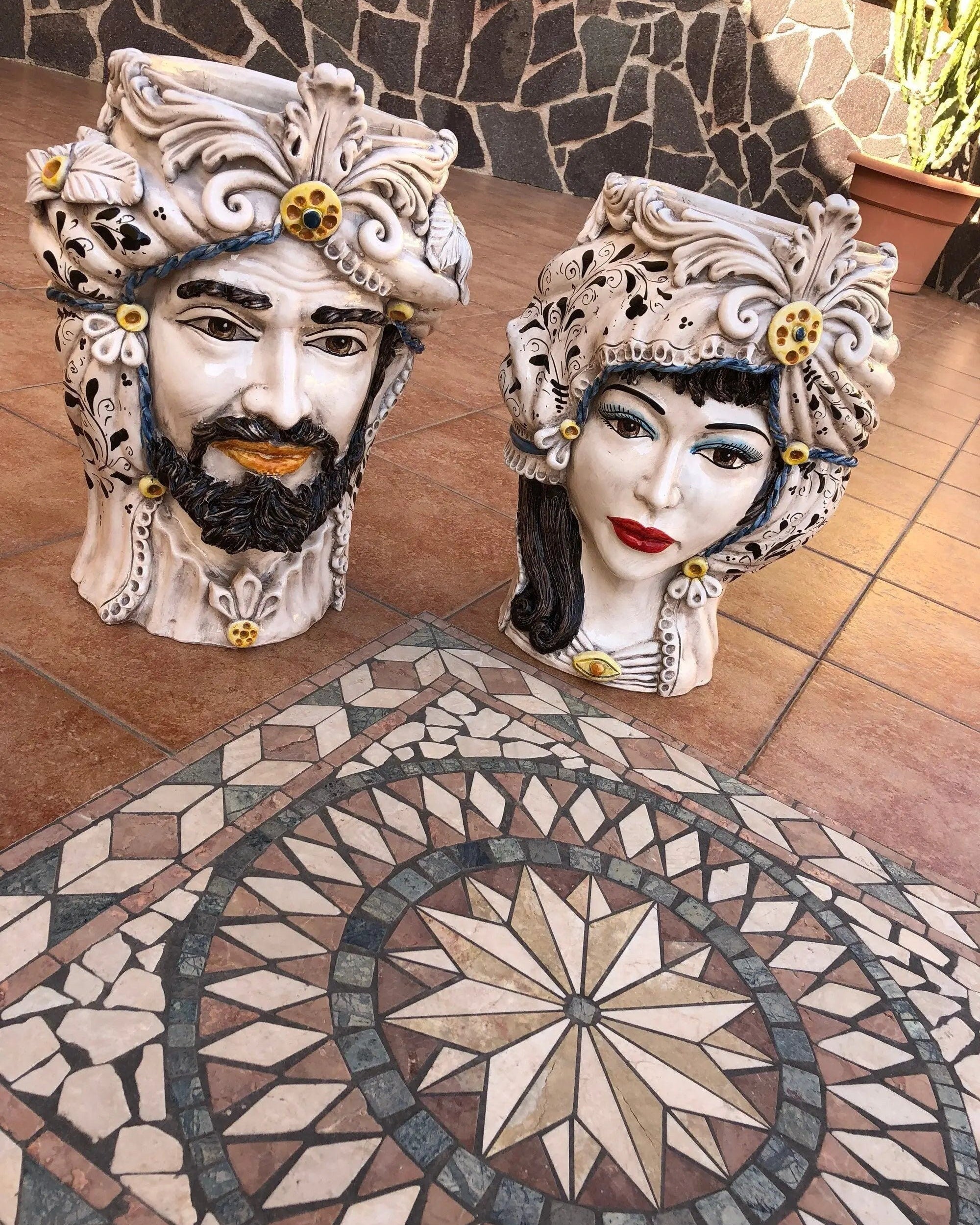 Teste di Moro Classica Gigante Ceramica Caltagirone cm H.47 L.36 Artigianale Decorazione Barocco DD CERAMICHE SICILIANE