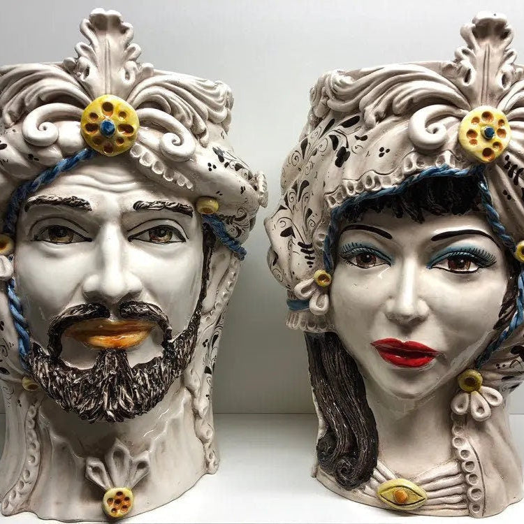 Teste di Moro Classica Gigante Ceramica Caltagirone cm H.47 L.36 Artigianale Decorazione Barocco DD CERAMICHE SICILIANE