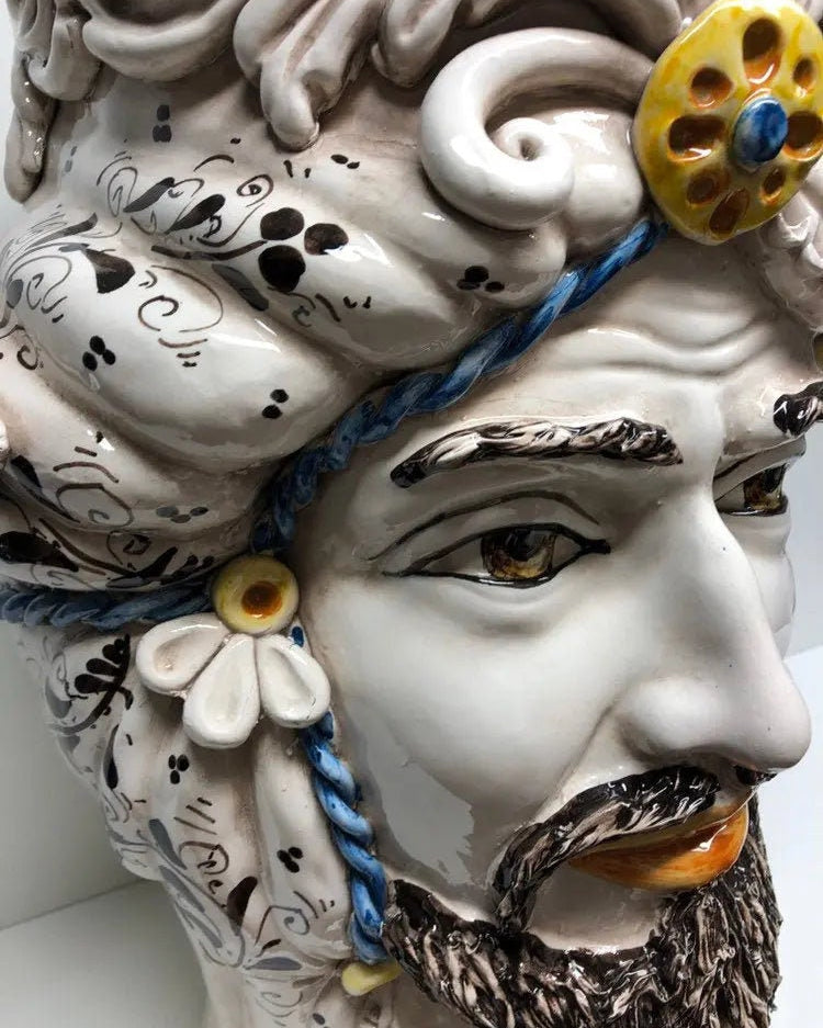 Teste di Moro Classica Gigante Ceramica Caltagirone cm H.47 L.36 Artigianale Decorazione Barocco DD CERAMICHE SICILIANE