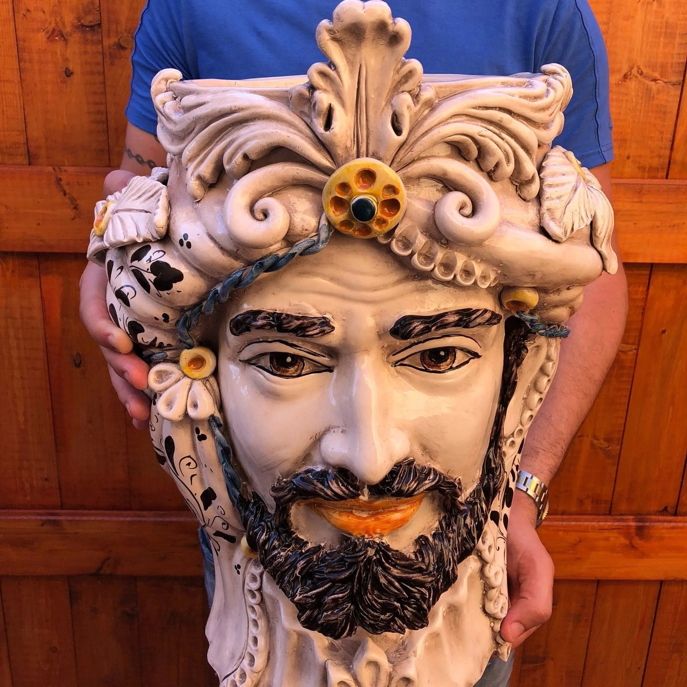 Teste di Moro Classica Gigante Ceramica Caltagirone cm H.47 L.36 Artigianale Decorazione Barocco DD CERAMICHE SICILIANE
