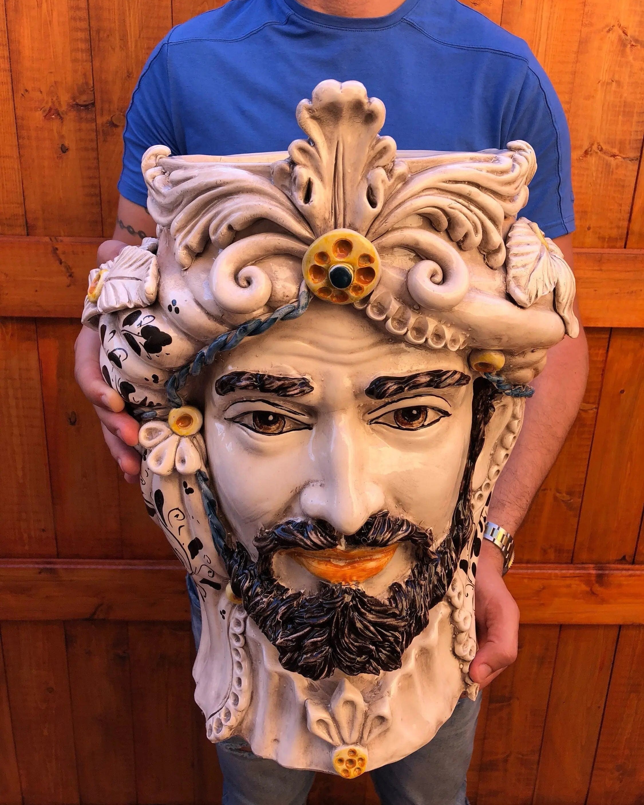 Teste di Moro Classica Gigante Ceramica Caltagirone cm H.47 L.36 Artigianale Decorazione Barocco DD CERAMICHE SICILIANE