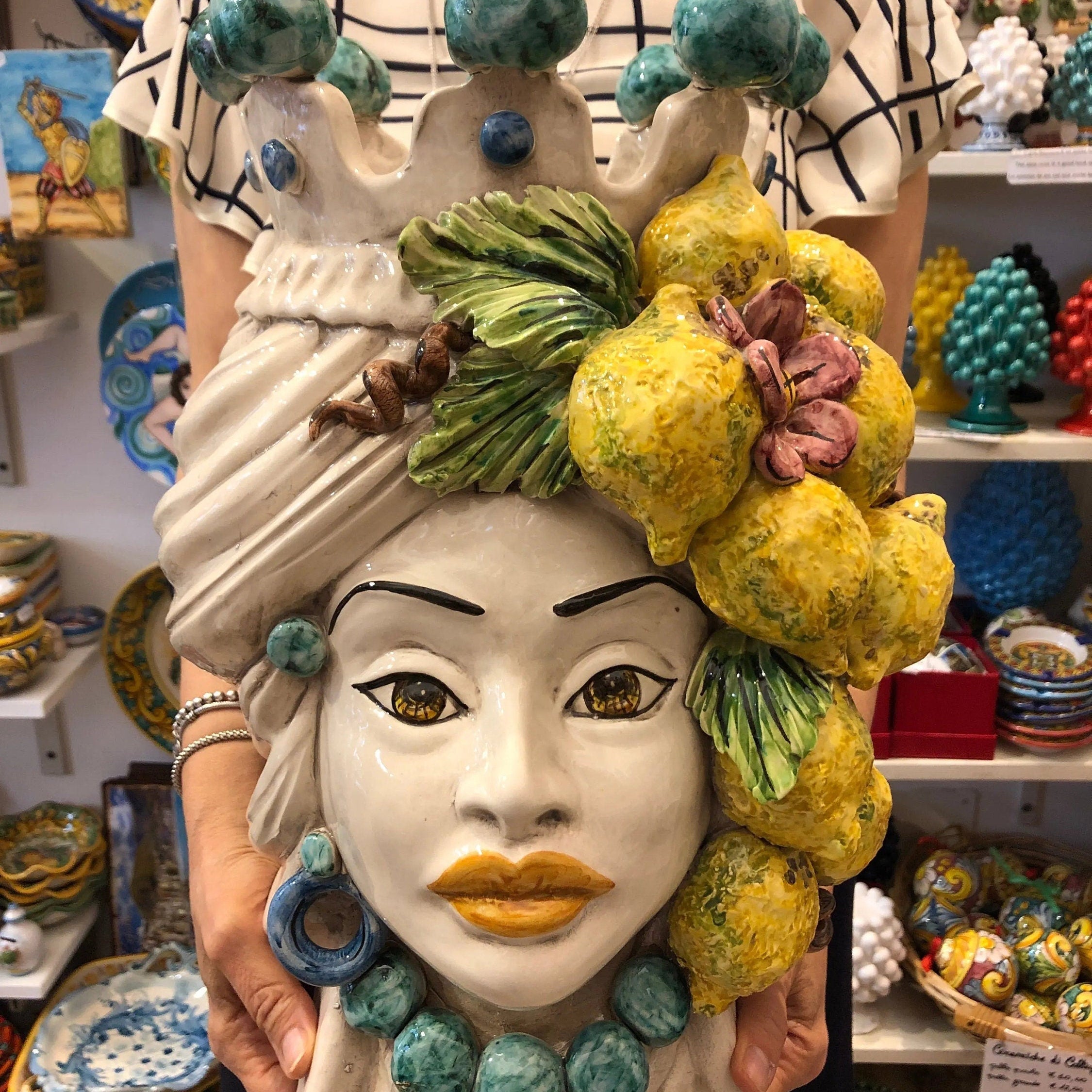 Teste di Moro Limoni Gigante Ceramica Caltagirone cm H.40 L.28 Artigianale DD CERAMICHE SICILIANE