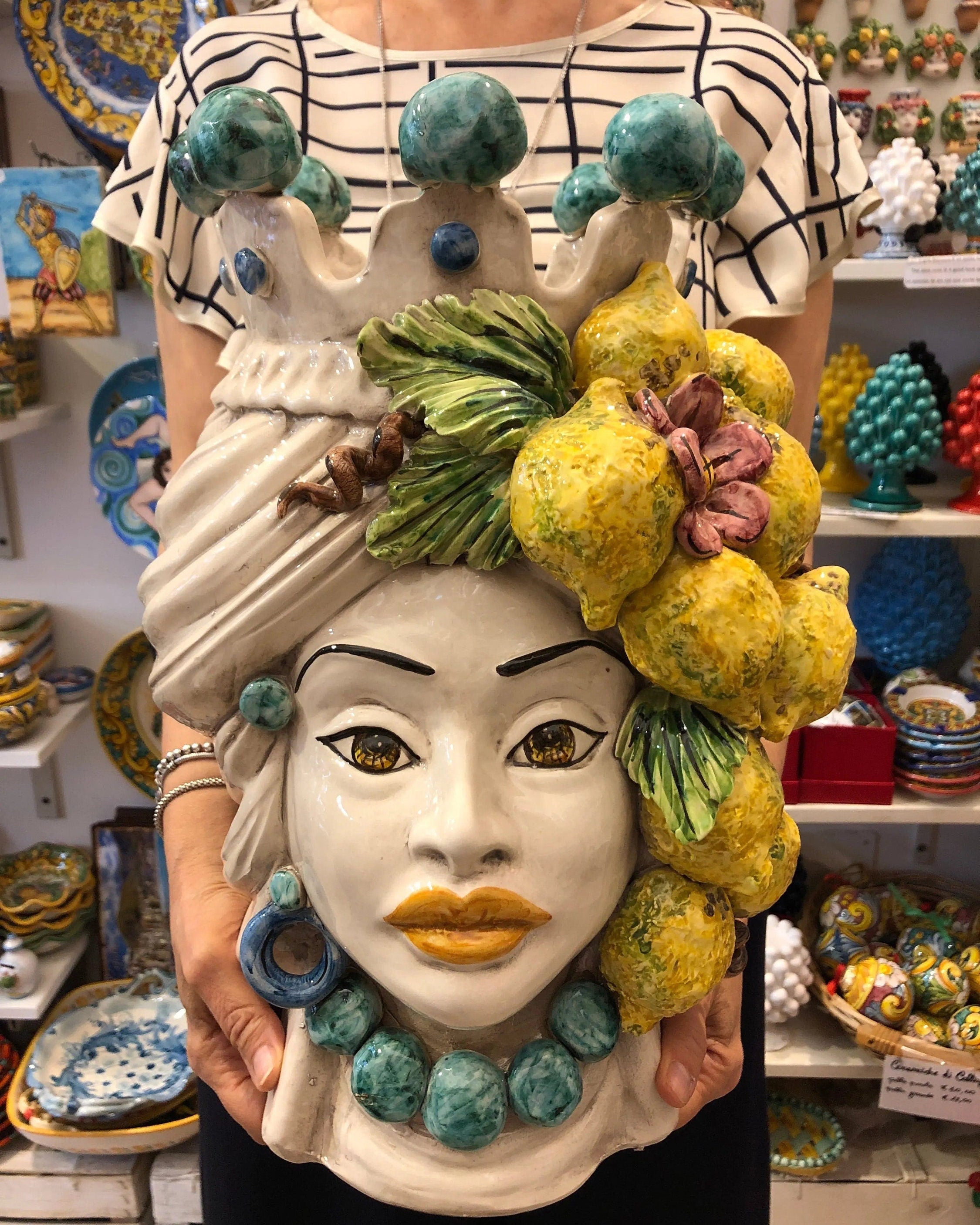 Teste di Moro Limoni Gigante Ceramica Caltagirone cm H.40 L.28 Artigianale DD CERAMICHE SICILIANE