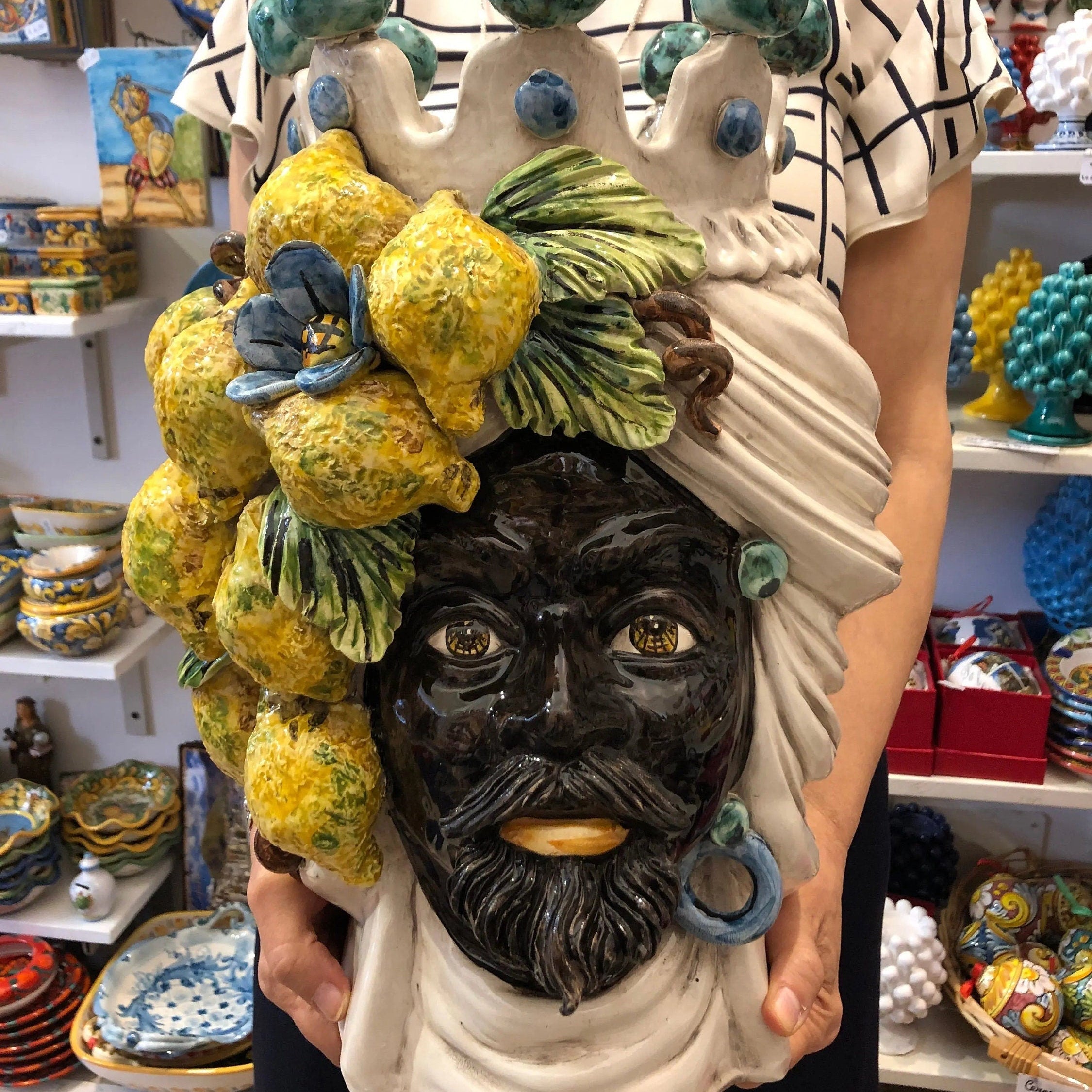 Teste di Moro Limoni Gigante Ceramica Caltagirone cm H.40 L.28 Artigianale DD CERAMICHE SICILIANE