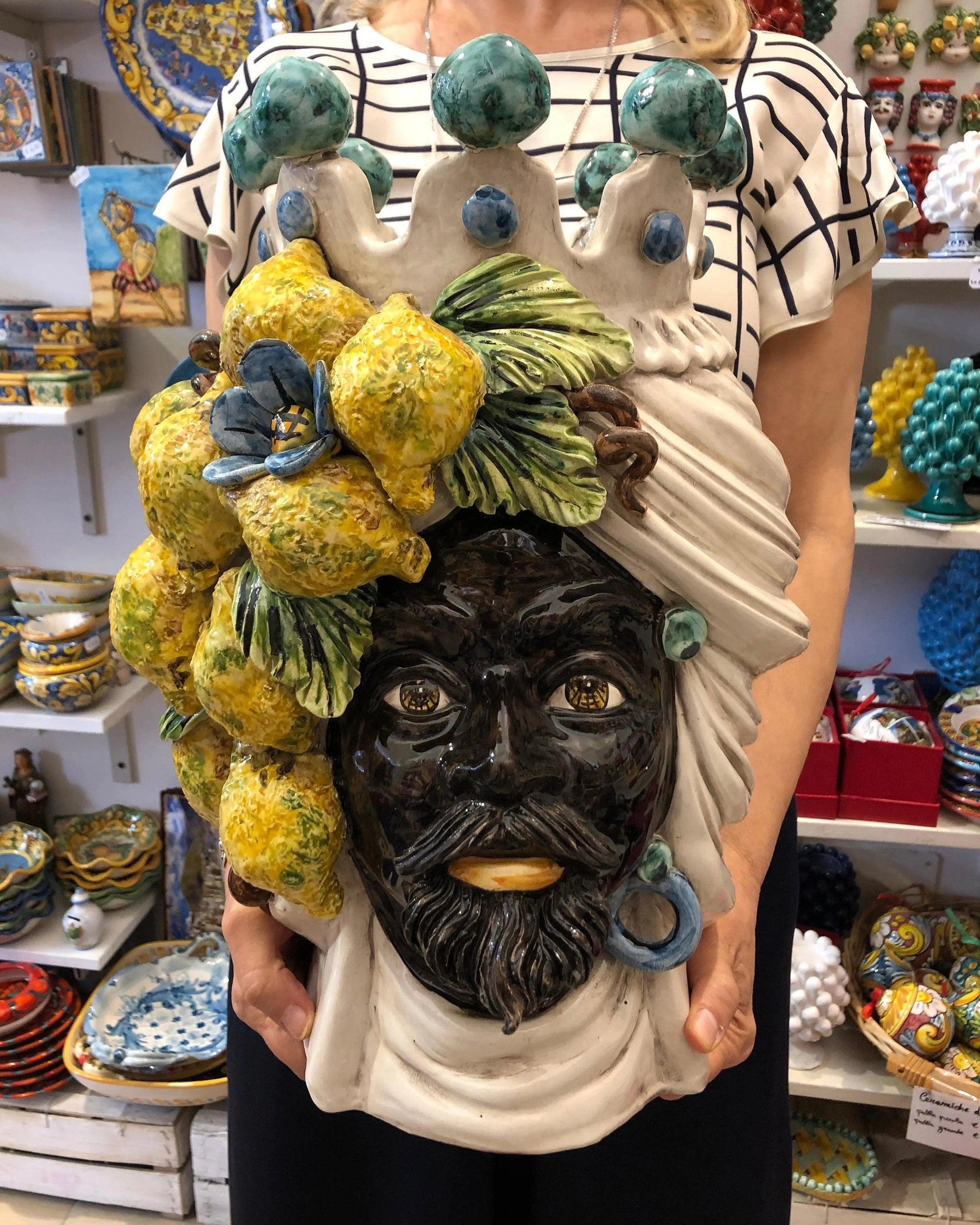 Teste di Moro Limoni Gigante Ceramica Caltagirone cm H.40 L.28 Artigianale DD CERAMICHE SICILIANE