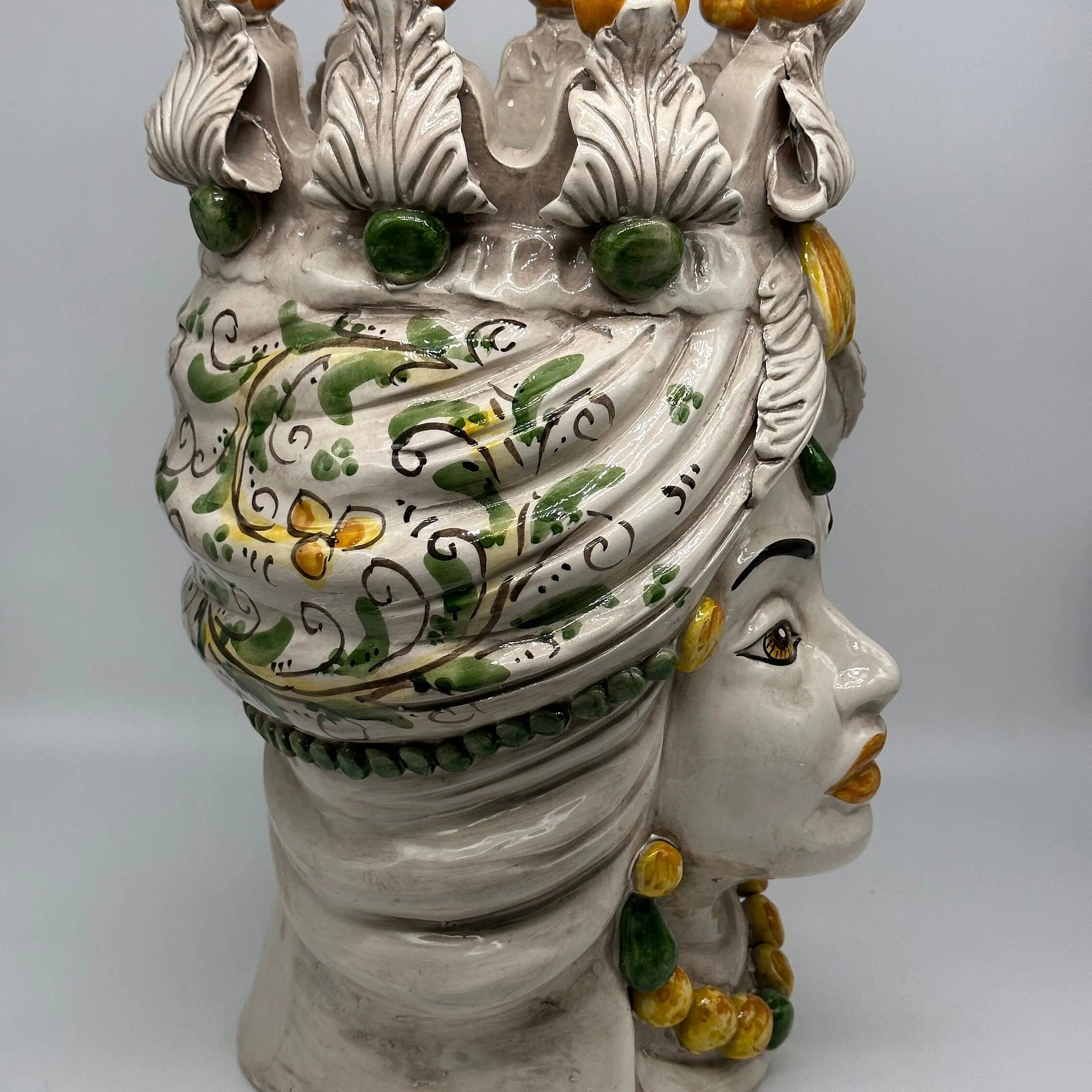 Teste di Moro Seicento Ceramica Caltagirone cm H.40 L.24 Artigianale Giallo Verde DD CERAMICHE SICILIANE