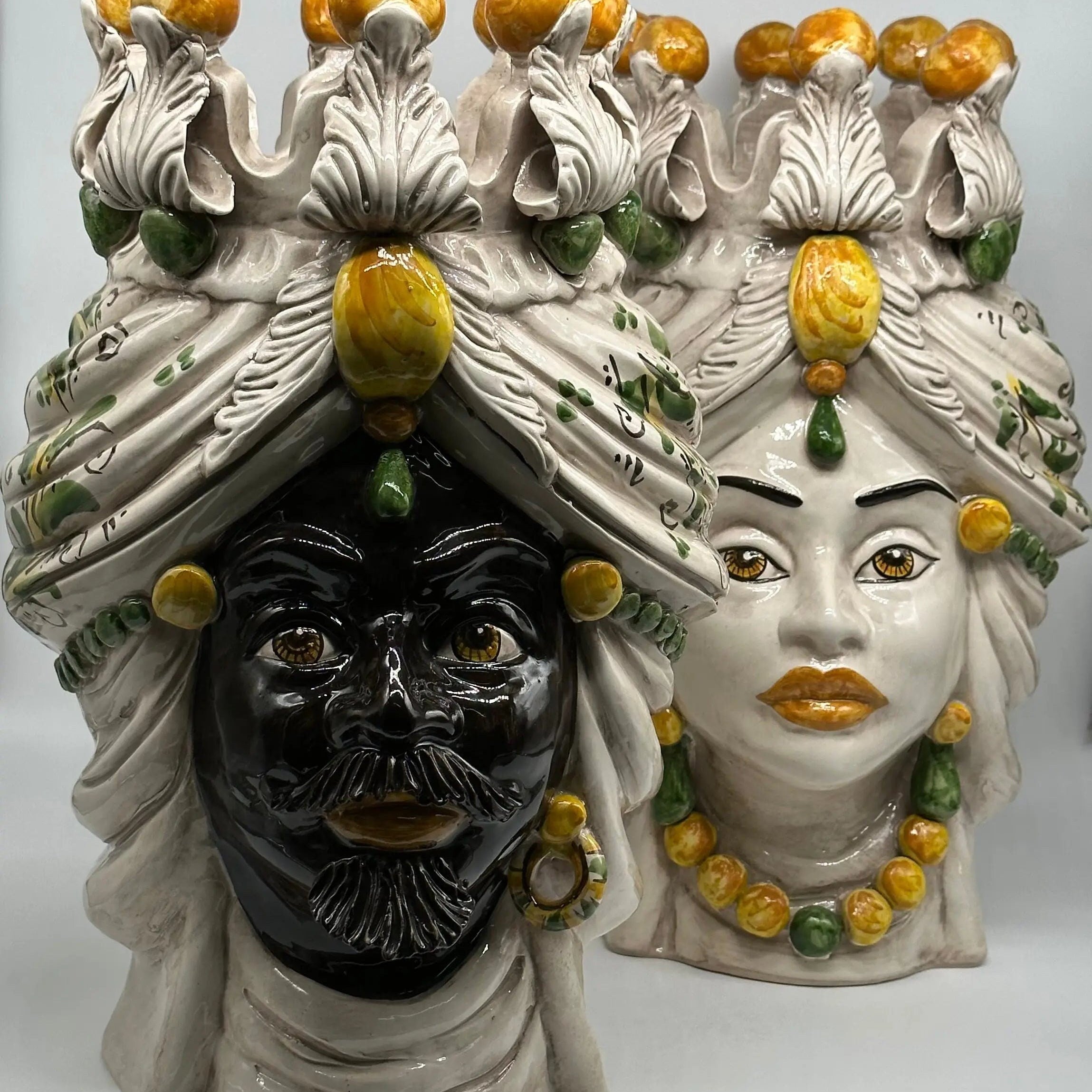 Teste di Moro Seicento Ceramica Caltagirone cm H.40 L.24 Artigianale Giallo Verde DD CERAMICHE SICILIANE