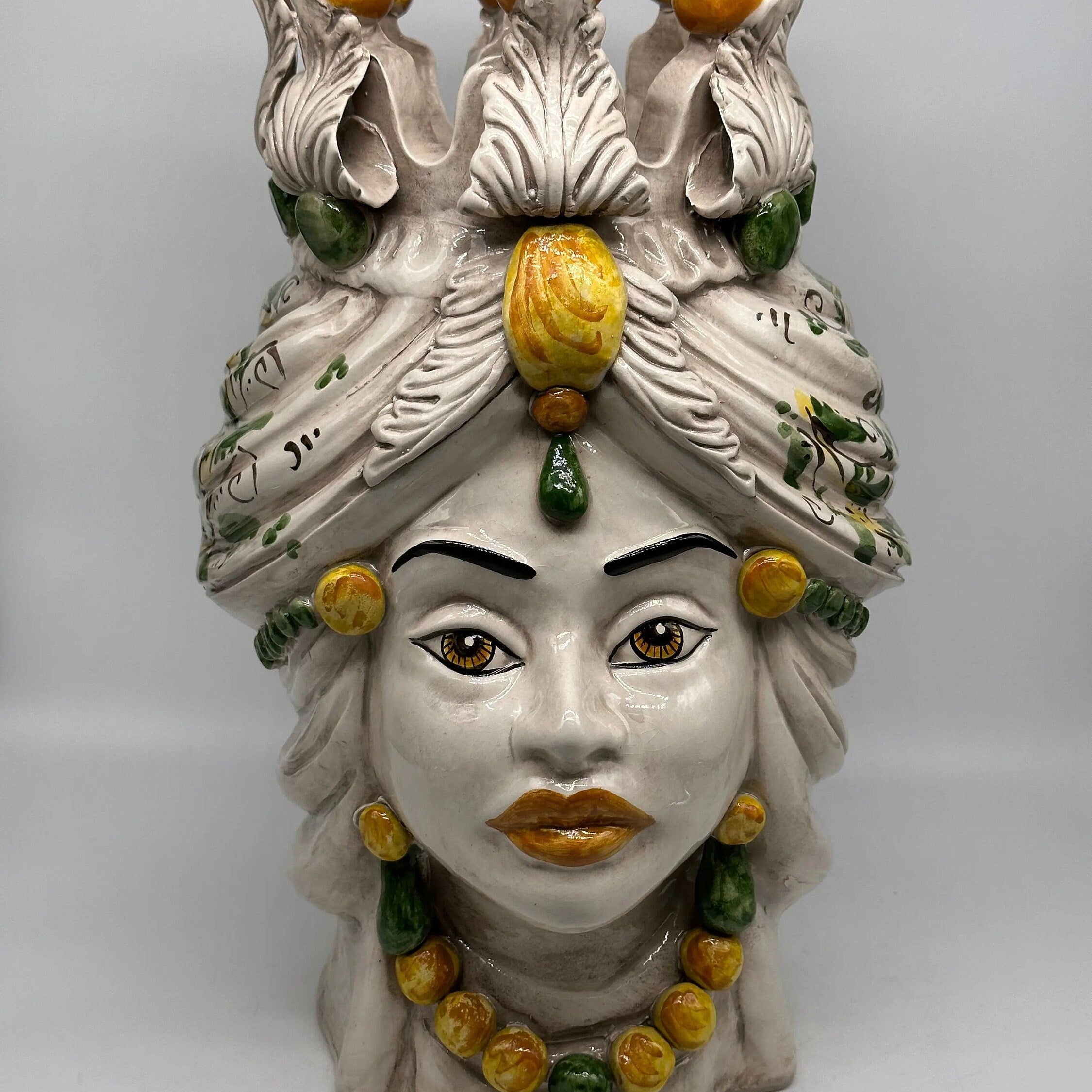 Teste di Moro Seicento Ceramica Caltagirone cm H.40 L.24 Artigianale Giallo Verde DD CERAMICHE SICILIANE