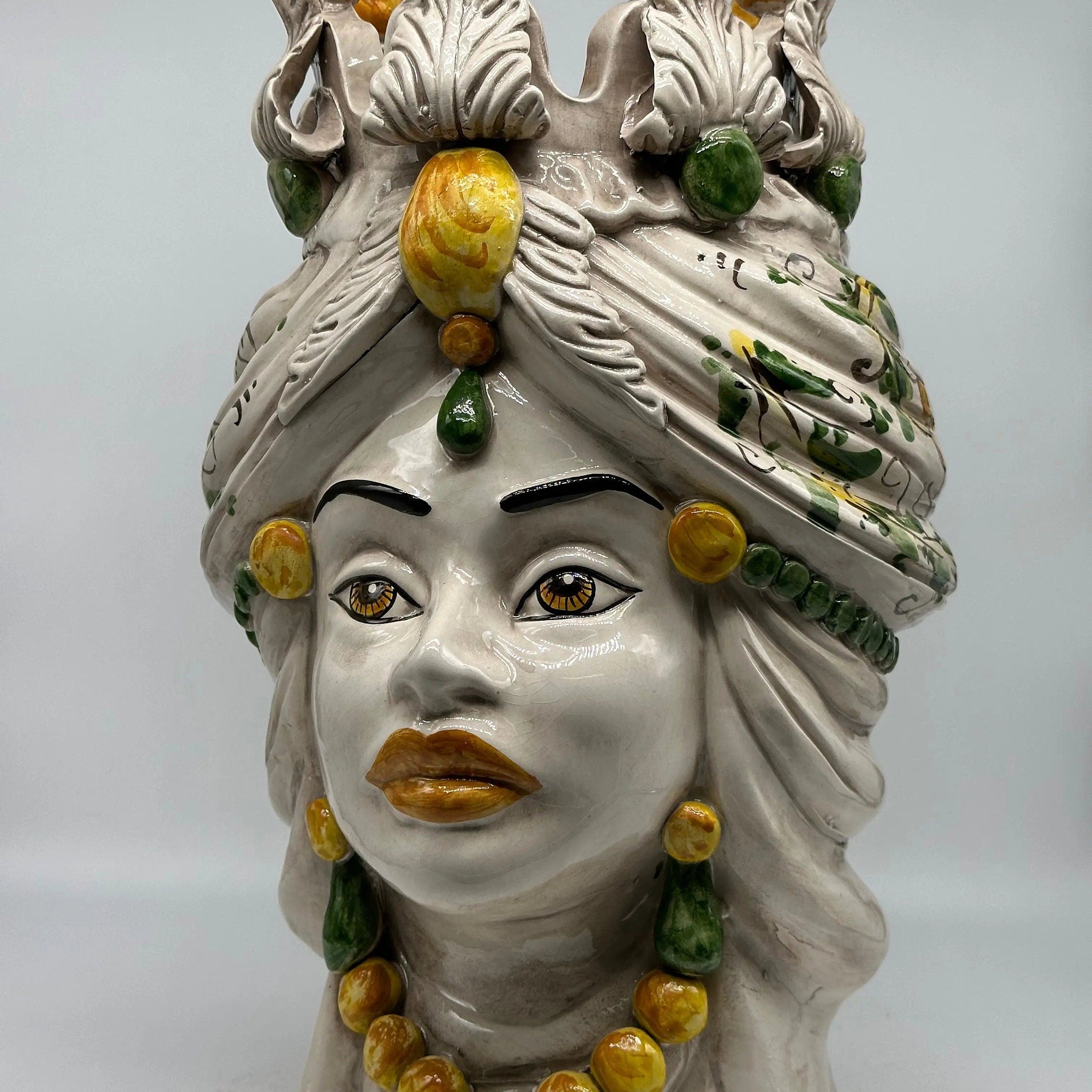 Teste di Moro Seicento Ceramica Caltagirone cm H.40 L.24 Artigianale Giallo Verde DD CERAMICHE SICILIANE