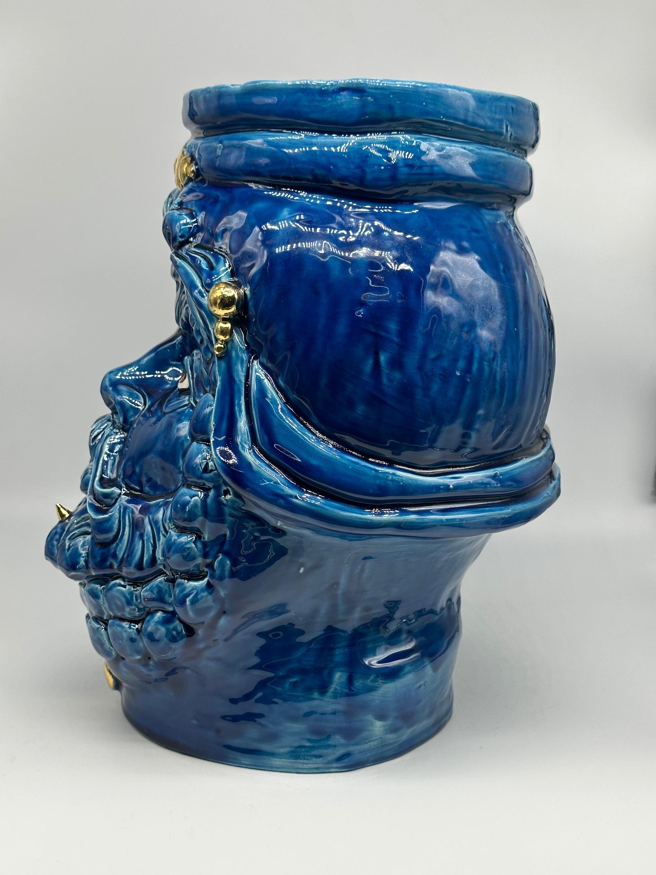 Testa Mitologica Uomo Ceramica Caltagirone cm H.35 L.25 Artigianale Blu dettagli Oro - TESTA DI MORO