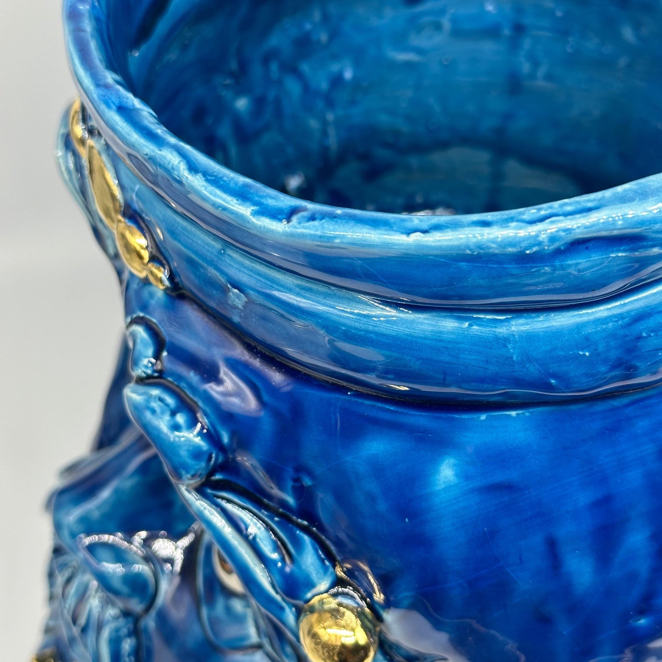 Testa Mitologica Uomo Ceramica Caltagirone cm H.35 L.25 Artigianale Blu dettagli Oro - TESTA DI MORO