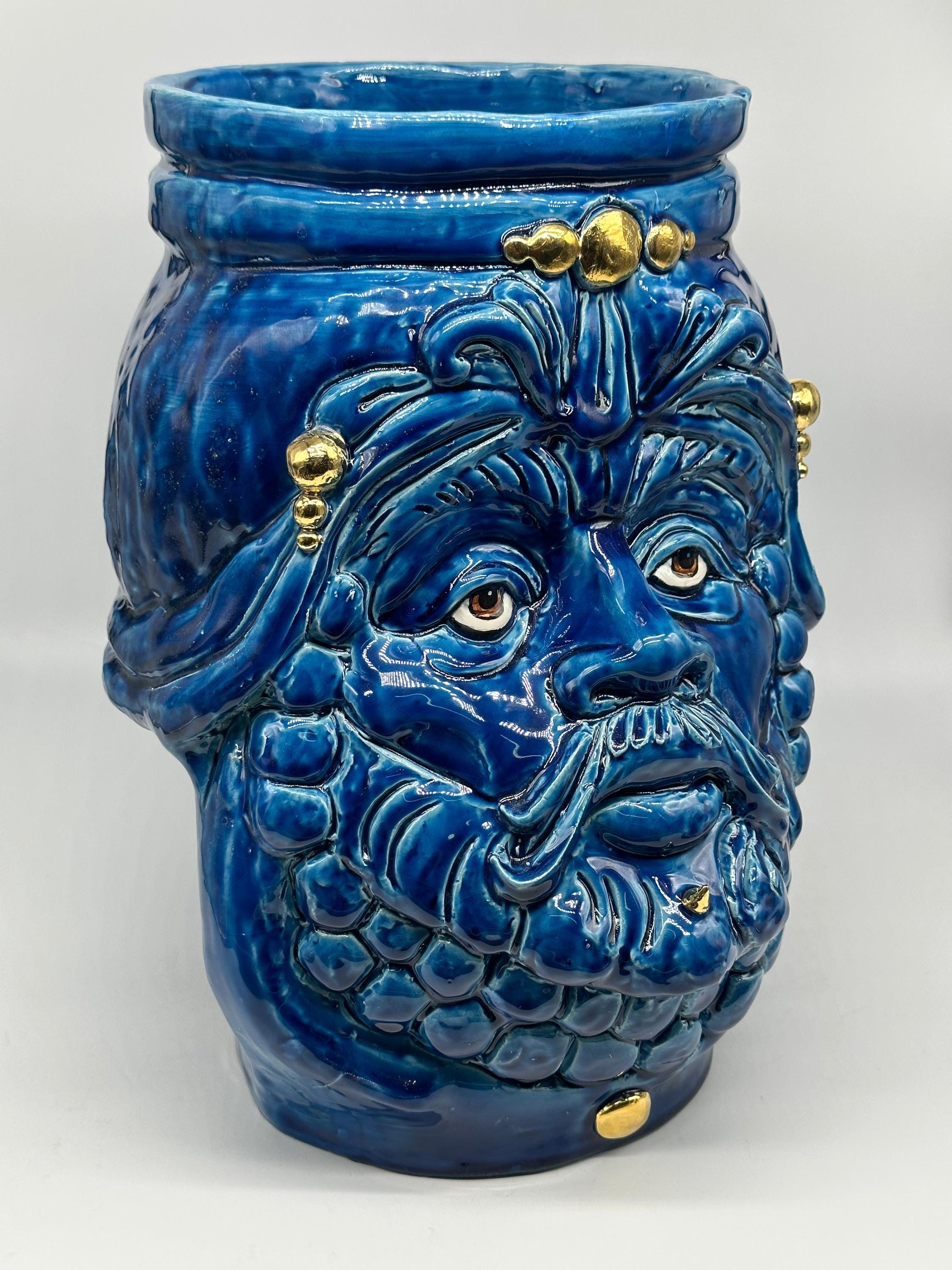 Testa Mitologica Uomo Ceramica Caltagirone cm H.35 L.25 Artigianale Blu dettagli Oro - TESTA DI MORO