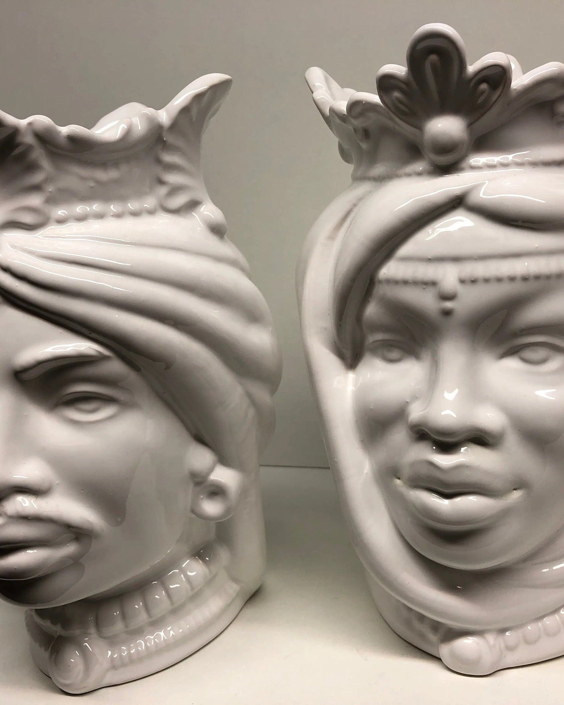 Teste di Moro Afro Ceramica Caltagirone cm H.25 L.17 Artigianale Bianco DD CERAMICHE SICILIANE