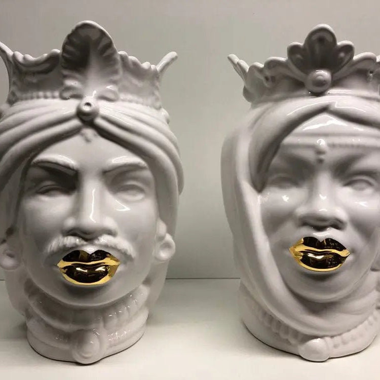 Teste di Moro Afro Ceramica Caltagirone cm H.25 L.17 Artigianale Bianco dettagli Oro DD CERAMICHE SICILIANE