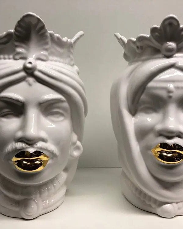 Teste di Moro Afro Ceramica Caltagirone cm H.25 L.17 Artigianale Bianco dettagli Oro DD CERAMICHE SICILIANE