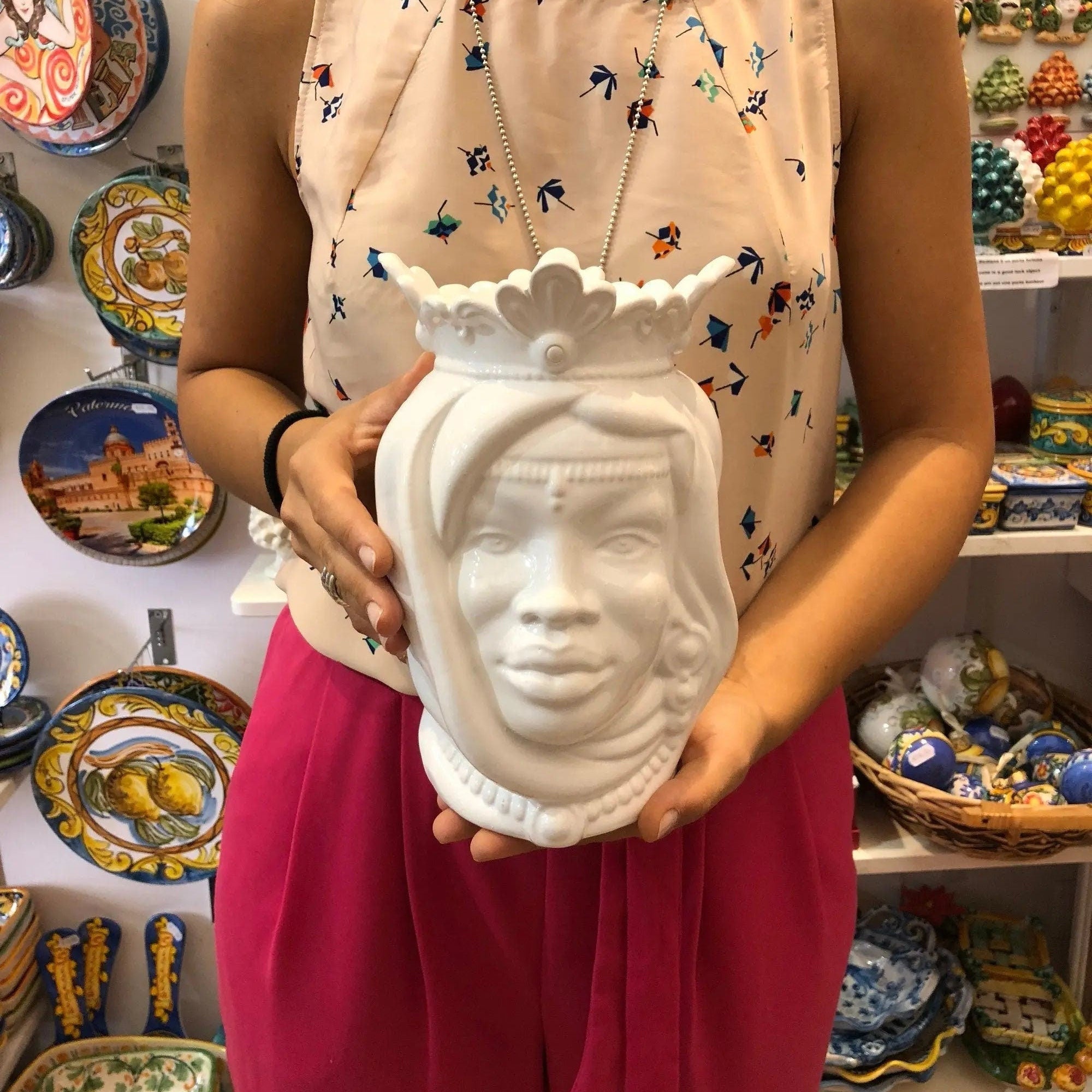 Teste di Moro Afro Ceramica Caltagirone cm H.25 L.17 Artigianale Bianco DD CERAMICHE SICILIANE