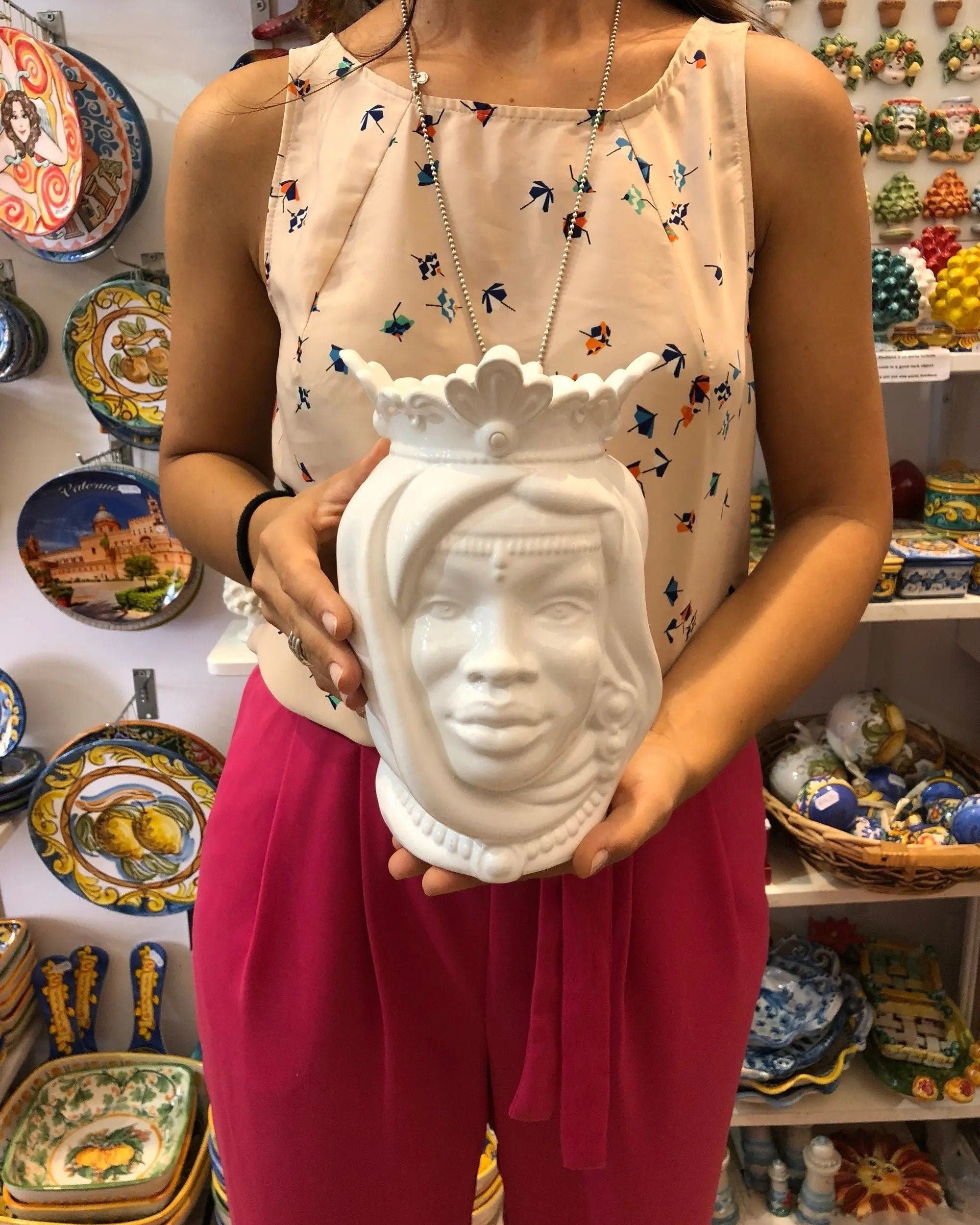 Teste di Moro Afro Ceramica Caltagirone cm H.25 L.17 Artigianale Bianco DD CERAMICHE SICILIANE