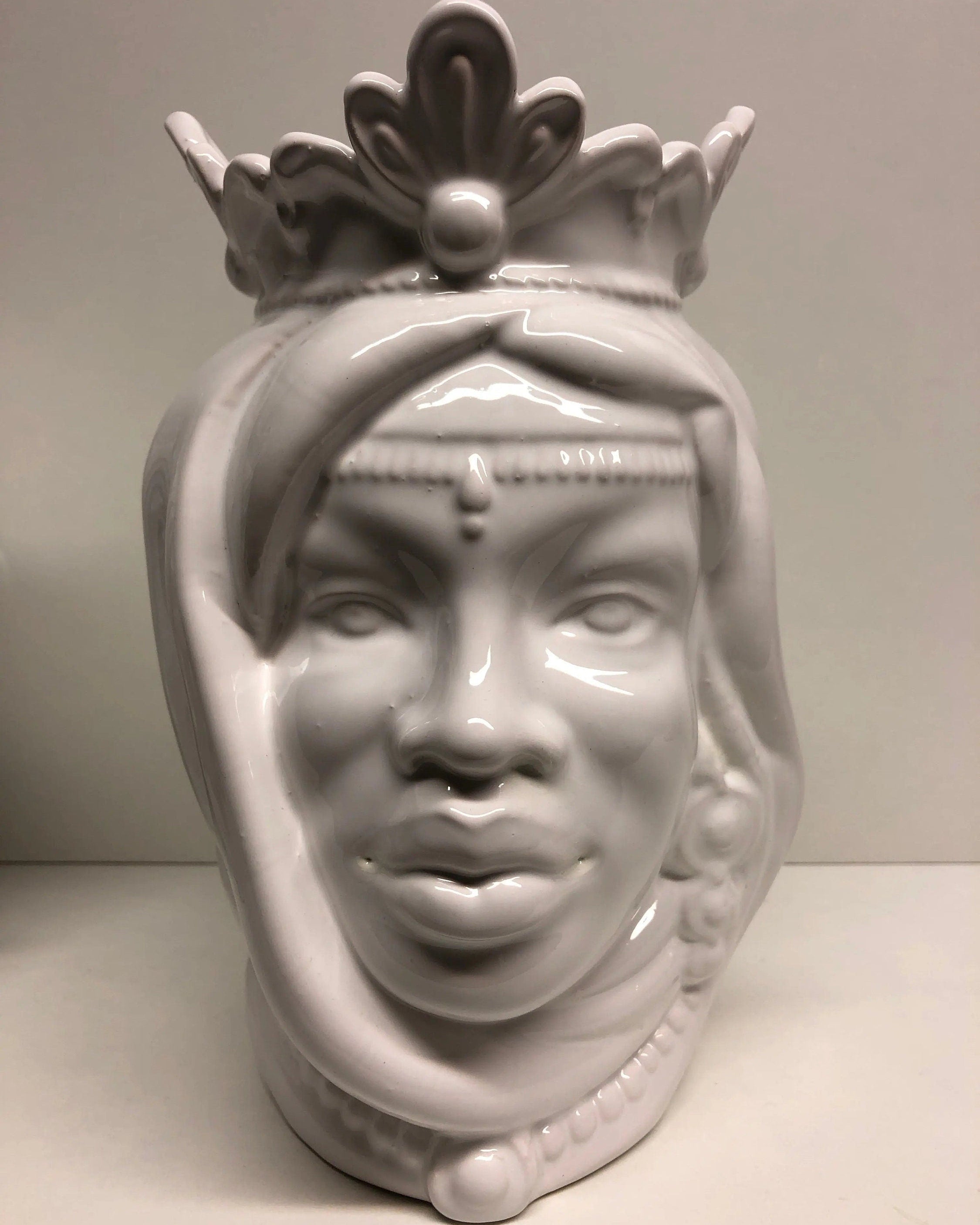 Teste di Moro Afro Ceramica Caltagirone cm H.25 L.17 Artigianale Bianco DD CERAMICHE SICILIANE