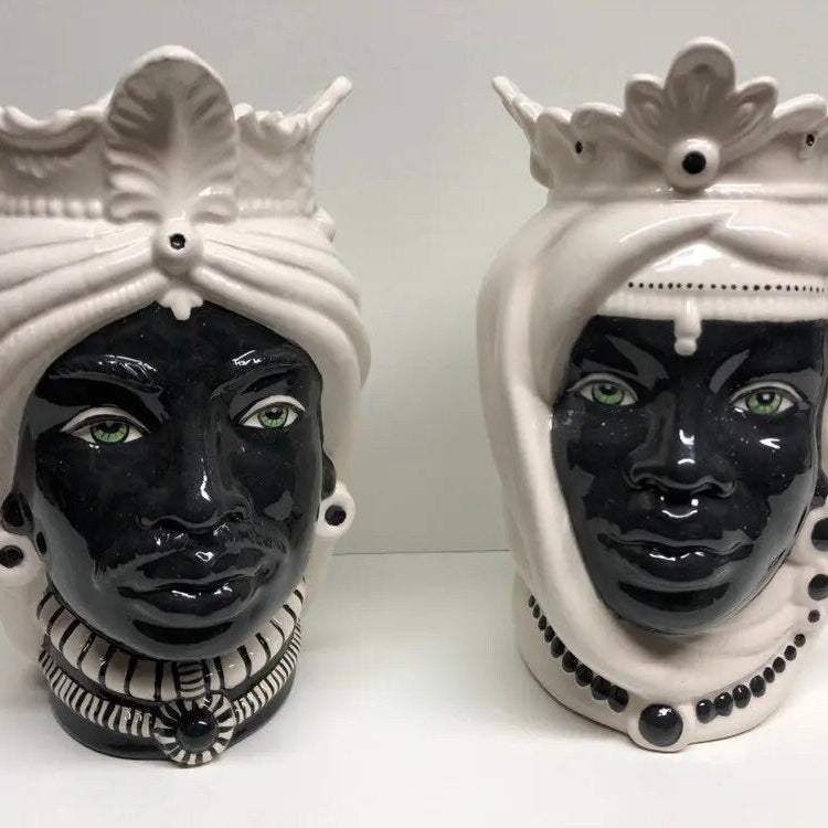 Teste di Moro Afro Ceramica Caltagirone cm H.25 L.17 Artigianale Bicolore Bianco Nero DD CERAMICHE SICILIANE