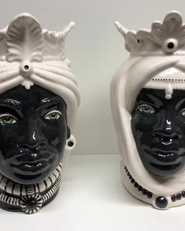 Teste di Moro Afro Ceramica Caltagirone cm H.25 L.17 Artigianale Bicolore Bianco Nero DD CERAMICHE SICILIANE