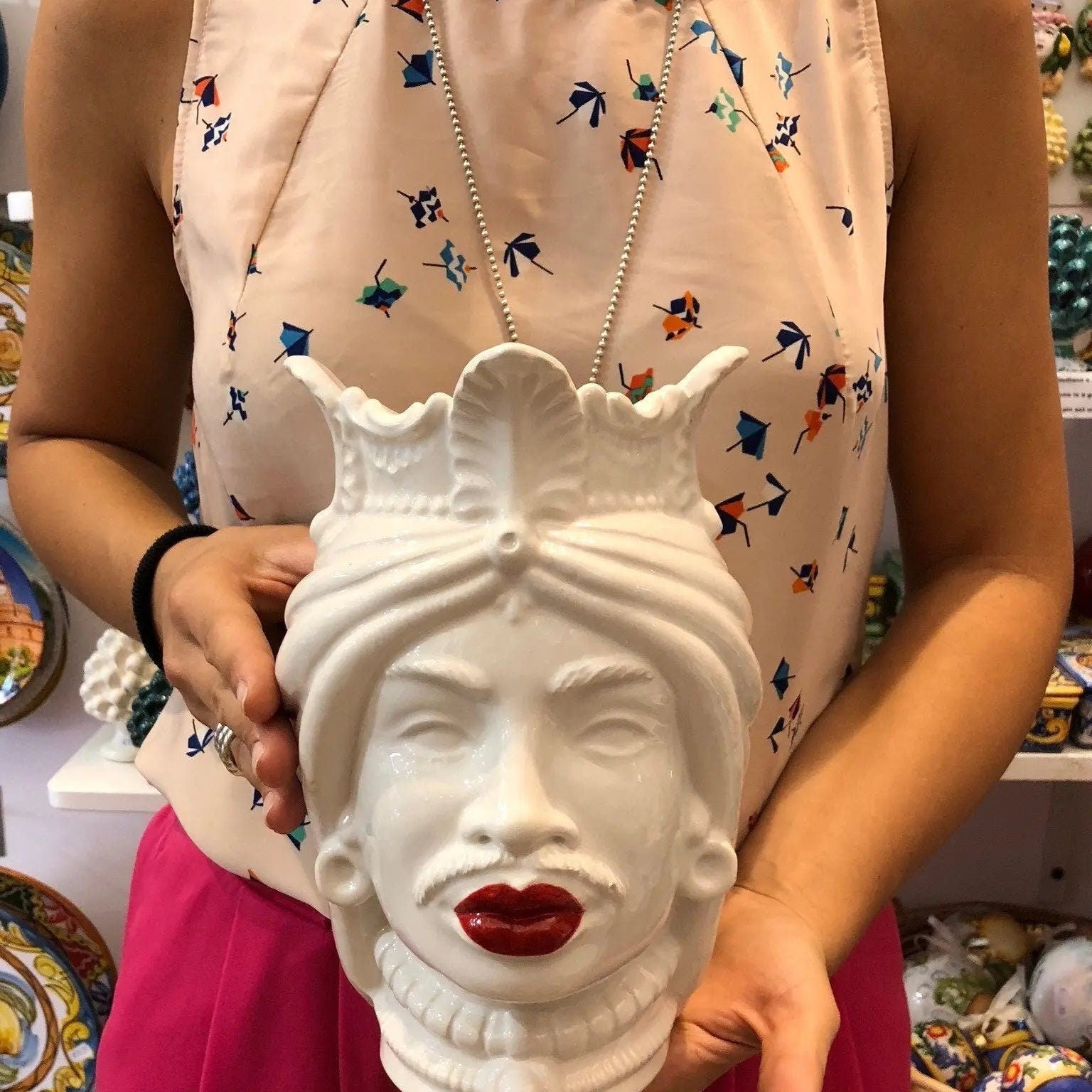 Teste di Moro Afro Ceramica Caltagirone cm H.25 L.17 Artigianale Bianco Labbra Rosse DD CERAMICHE SICILIANE