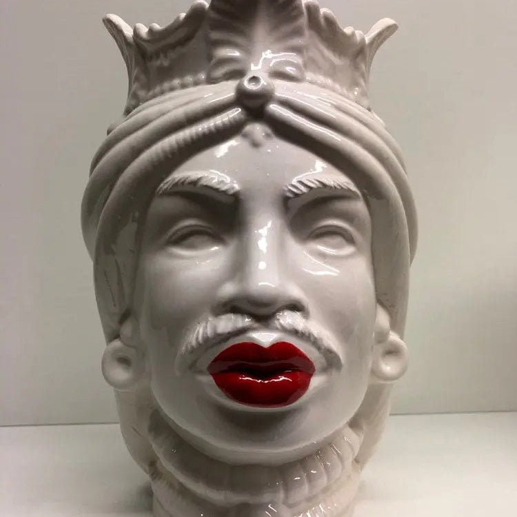 Teste di Moro Afro Ceramica Caltagirone cm H.25 L.17 Artigianale Bianco Labbra Rosse DD CERAMICHE SICILIANE