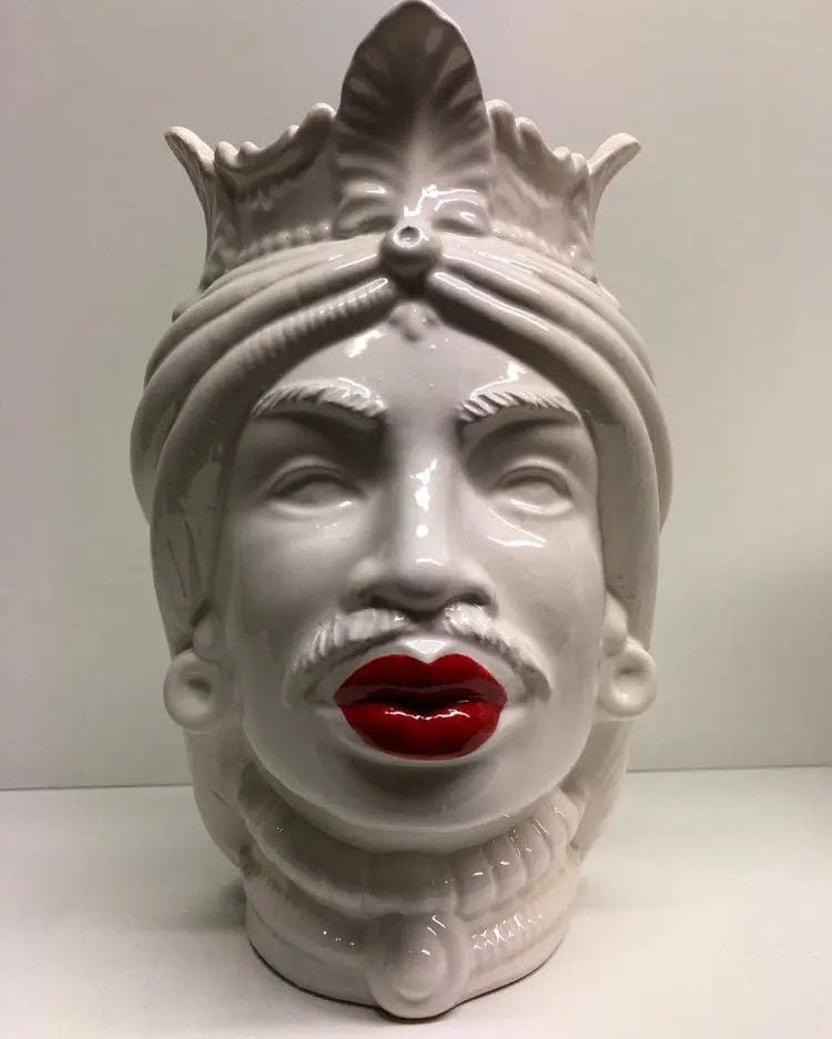Teste di Moro Afro Ceramica Caltagirone cm H.25 L.17 Artigianale Bianco Labbra Rosse DD CERAMICHE SICILIANE