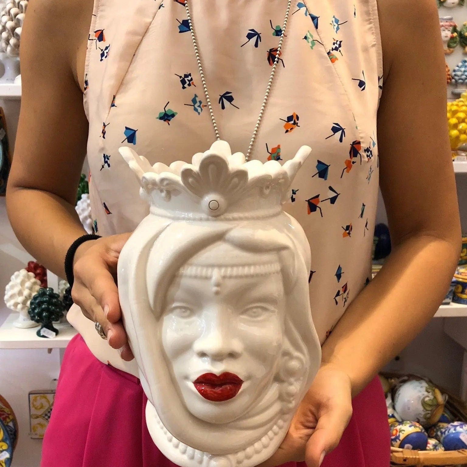 Teste di Moro Afro Ceramica Caltagirone cm H.25 L.17 Artigianale Bianco Labbra Rosse DD CERAMICHE SICILIANE