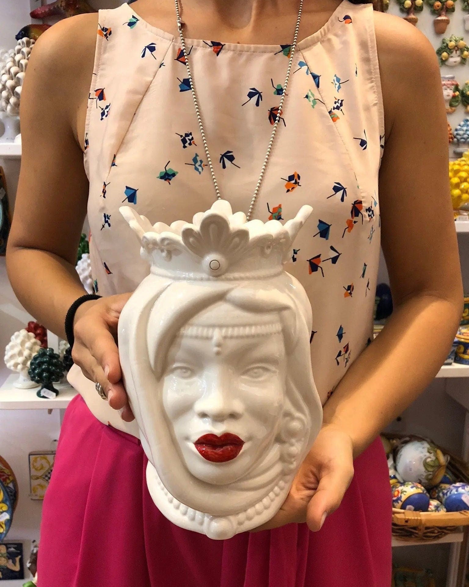 Teste di Moro Afro Ceramica Caltagirone cm H.25 L.17 Artigianale Bianco Labbra Rosse DD CERAMICHE SICILIANE