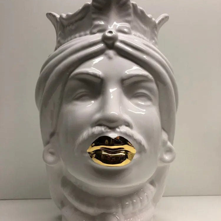 Teste di Moro Afro Ceramica Caltagirone cm H.25 L.17 Artigianale Bianco dettagli Oro DD CERAMICHE SICILIANE