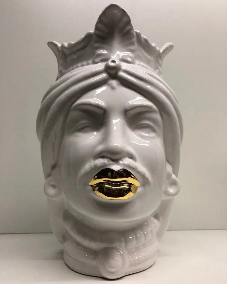 Teste di Moro Afro Ceramica Caltagirone cm H.25 L.17 Artigianale Bianco dettagli Oro DD CERAMICHE SICILIANE