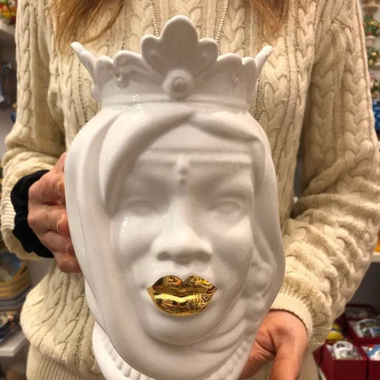 Teste di Moro Afro Ceramica Caltagirone cm H.25 L.17 Artigianale Bianco dettagli Oro DD CERAMICHE SICILIANE